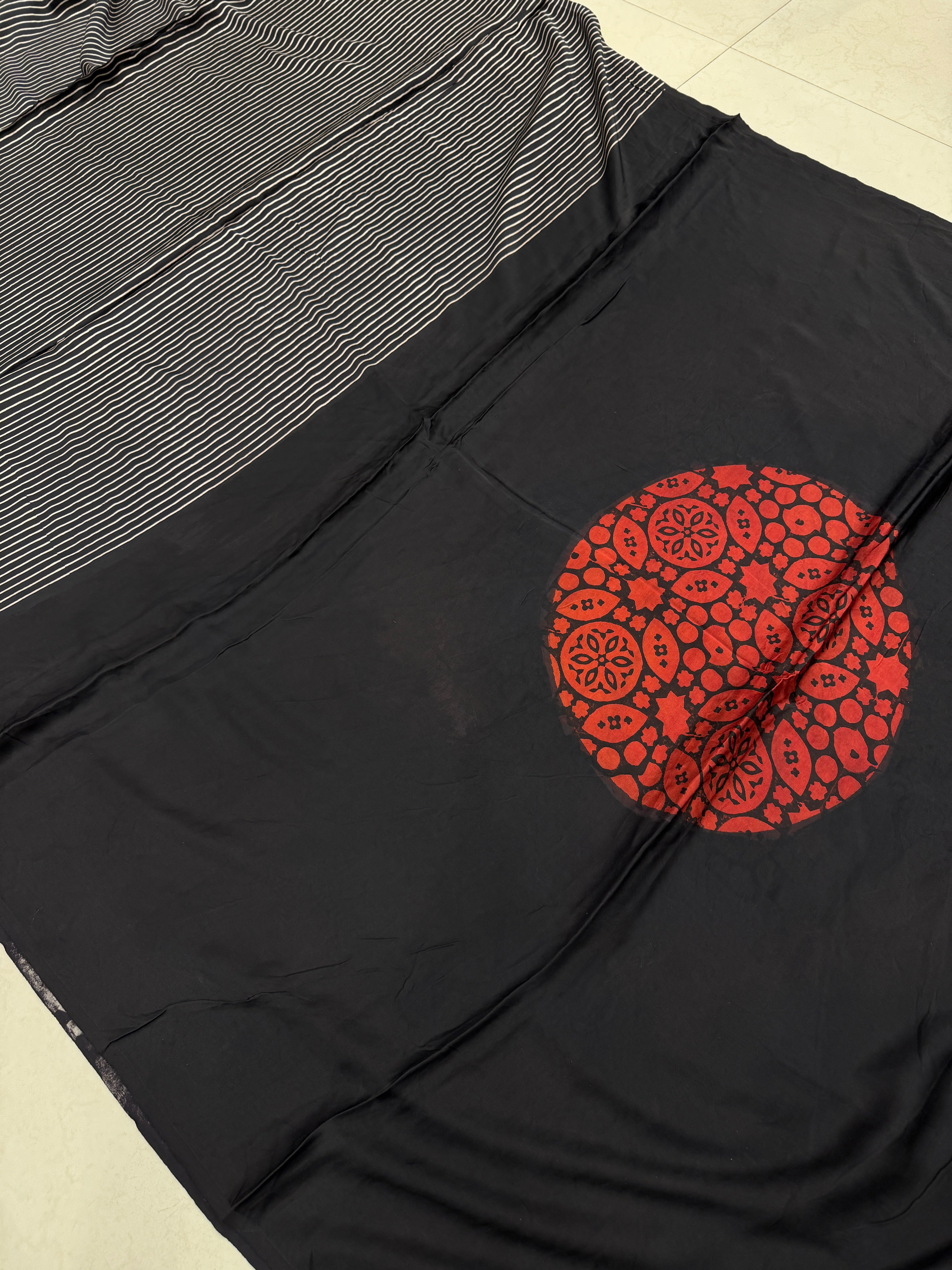 Black Contemporary Moon Border Ajrakh Block Print Hand Pure Gajji Silk Saree