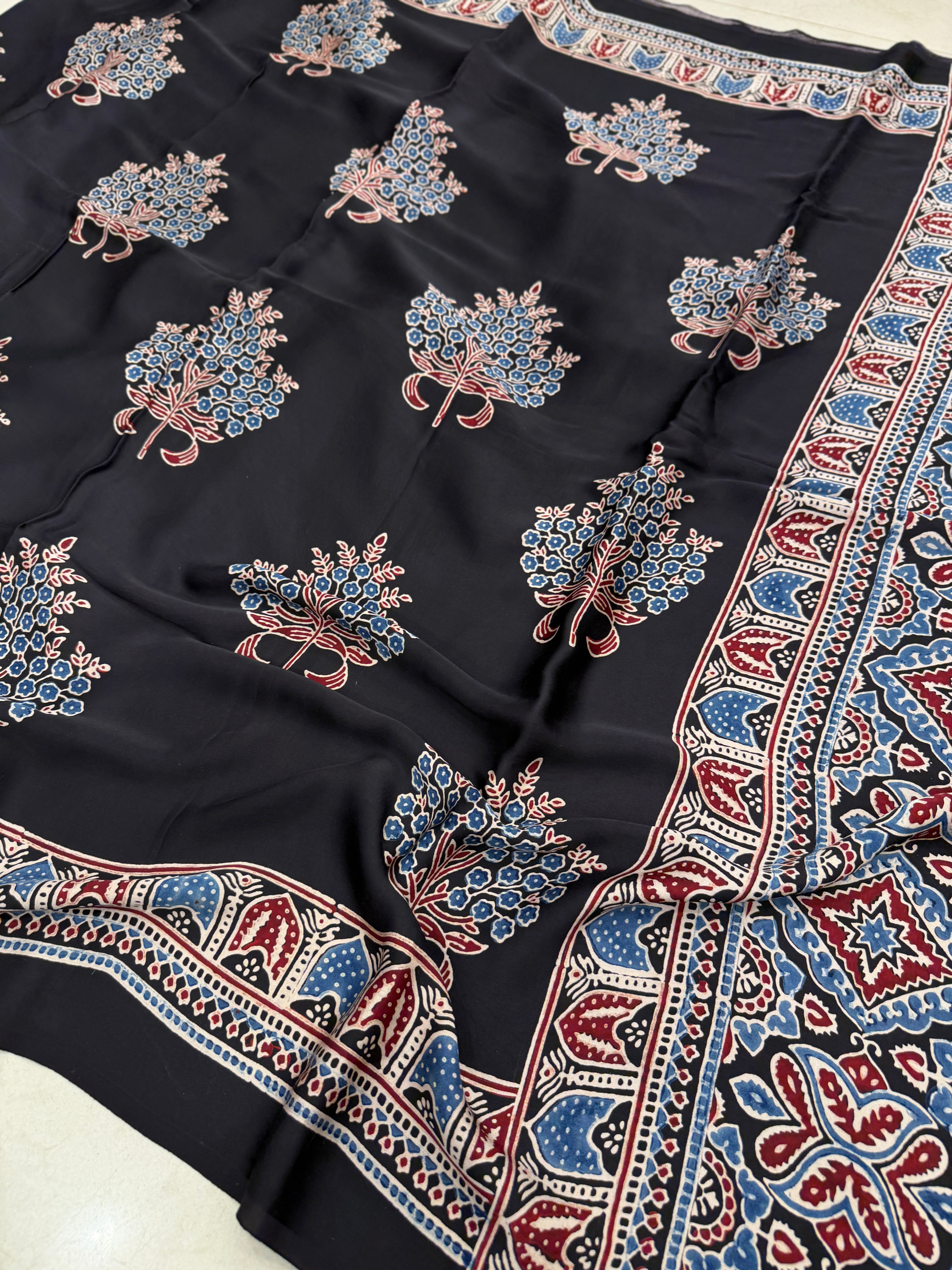 Cherry Blossom Butta Ajrakh Hand Block Print Pure Modal Silk Saree