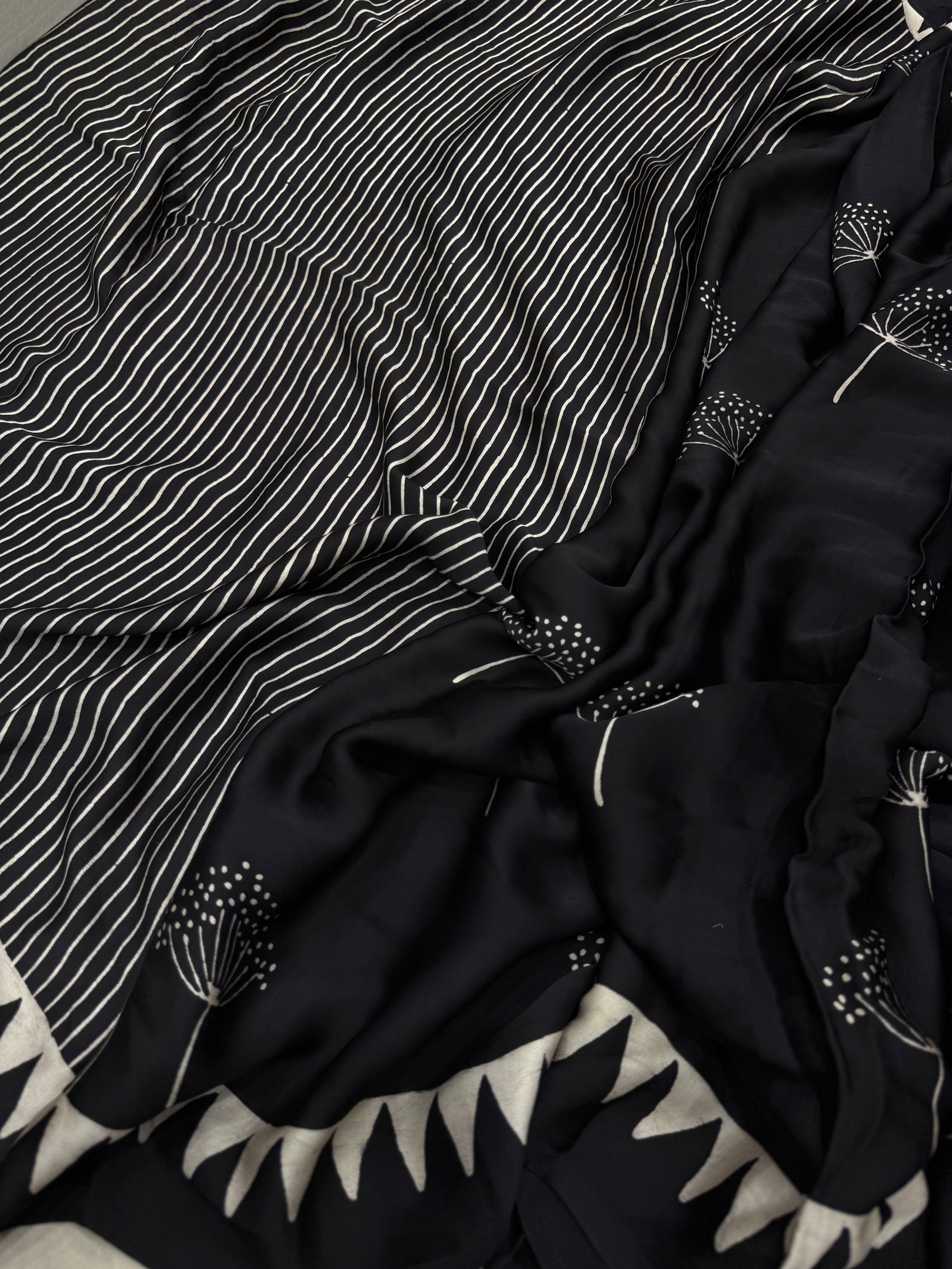 Black Contemporary Tree Buttis Ajrakh Block Print Hand Pure Gajji Silk Saree