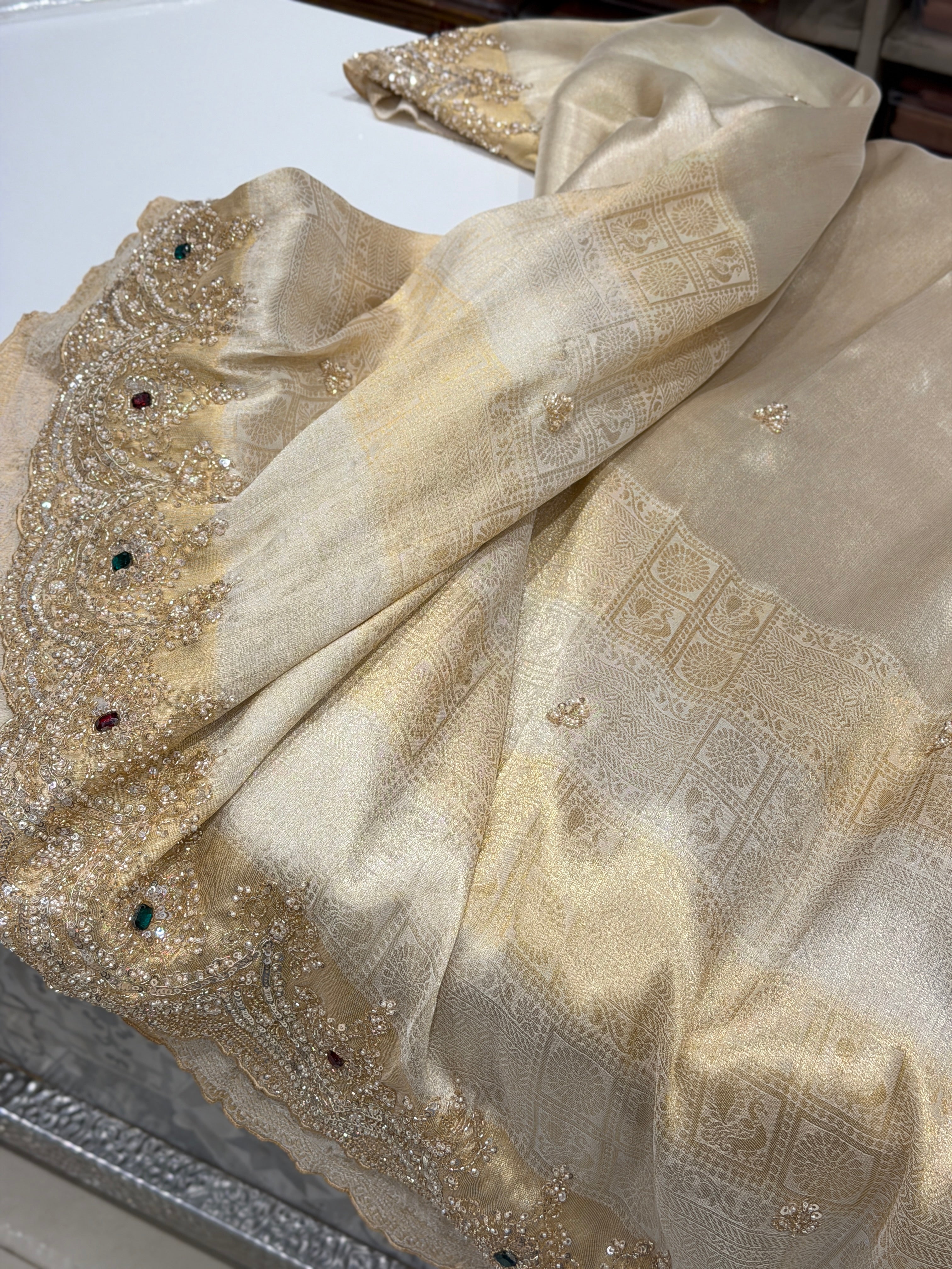 Gold Tissue Crepe Kanchi Style Weave Crystal Embroidery Saree