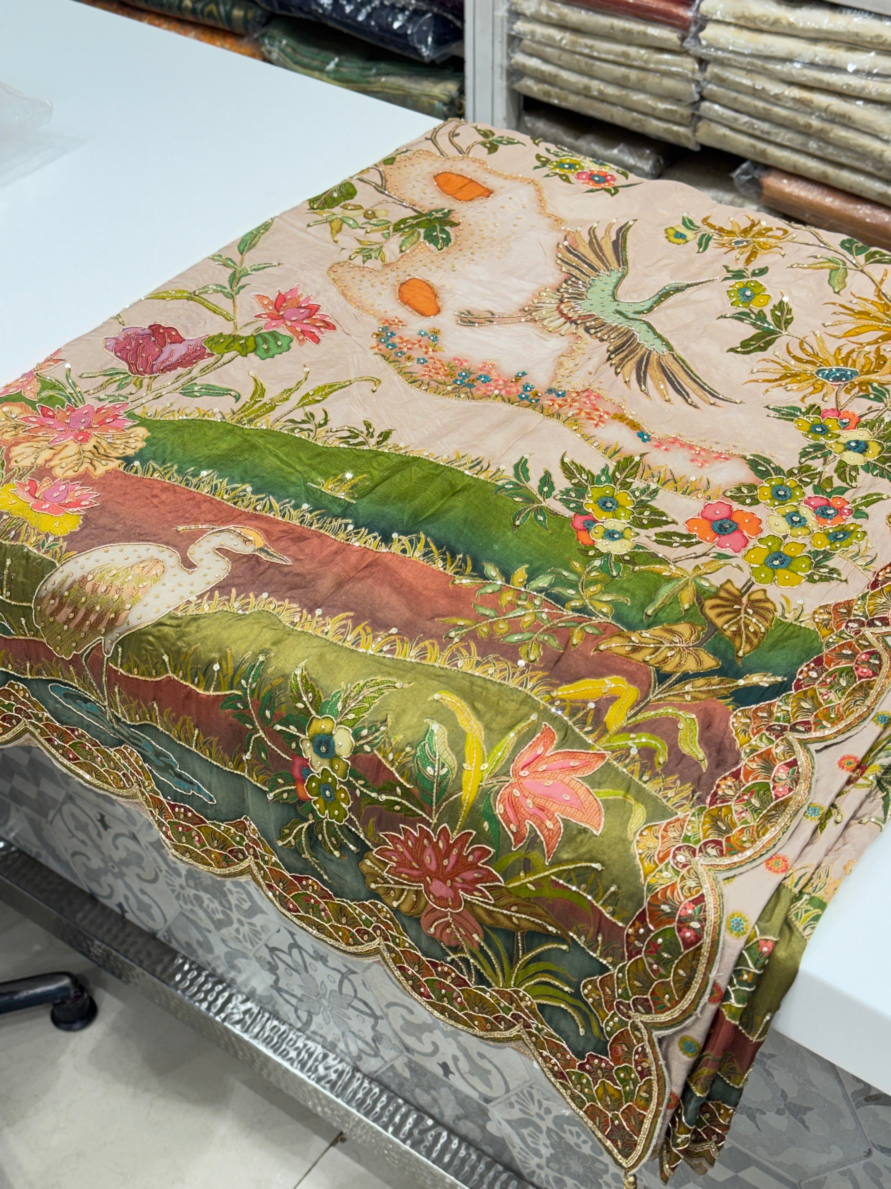 Nude Beige Landscape Hand Embroidery Saree