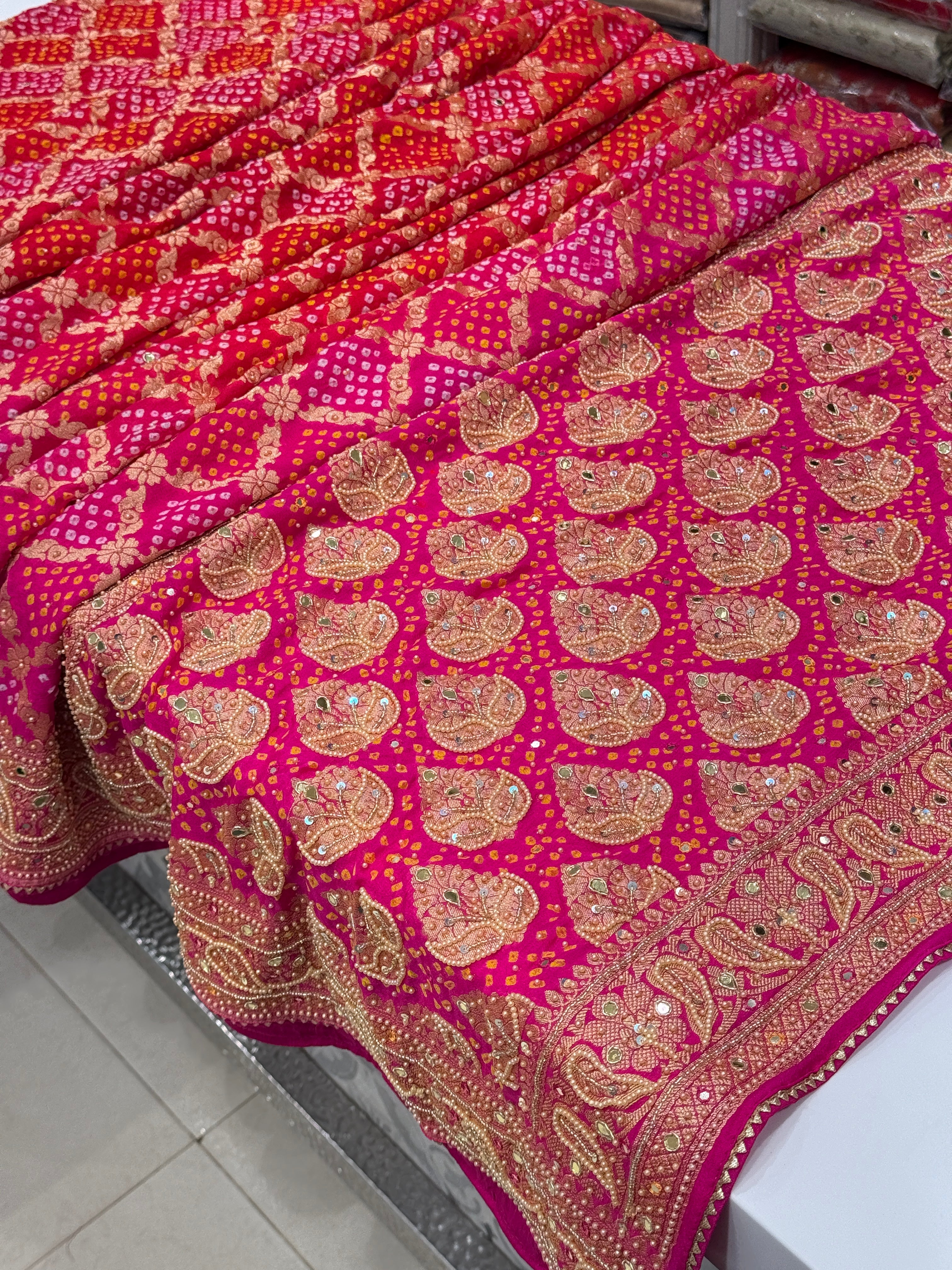 Shaded Rani Red Bandhej Moti Hand Embroidery Saree