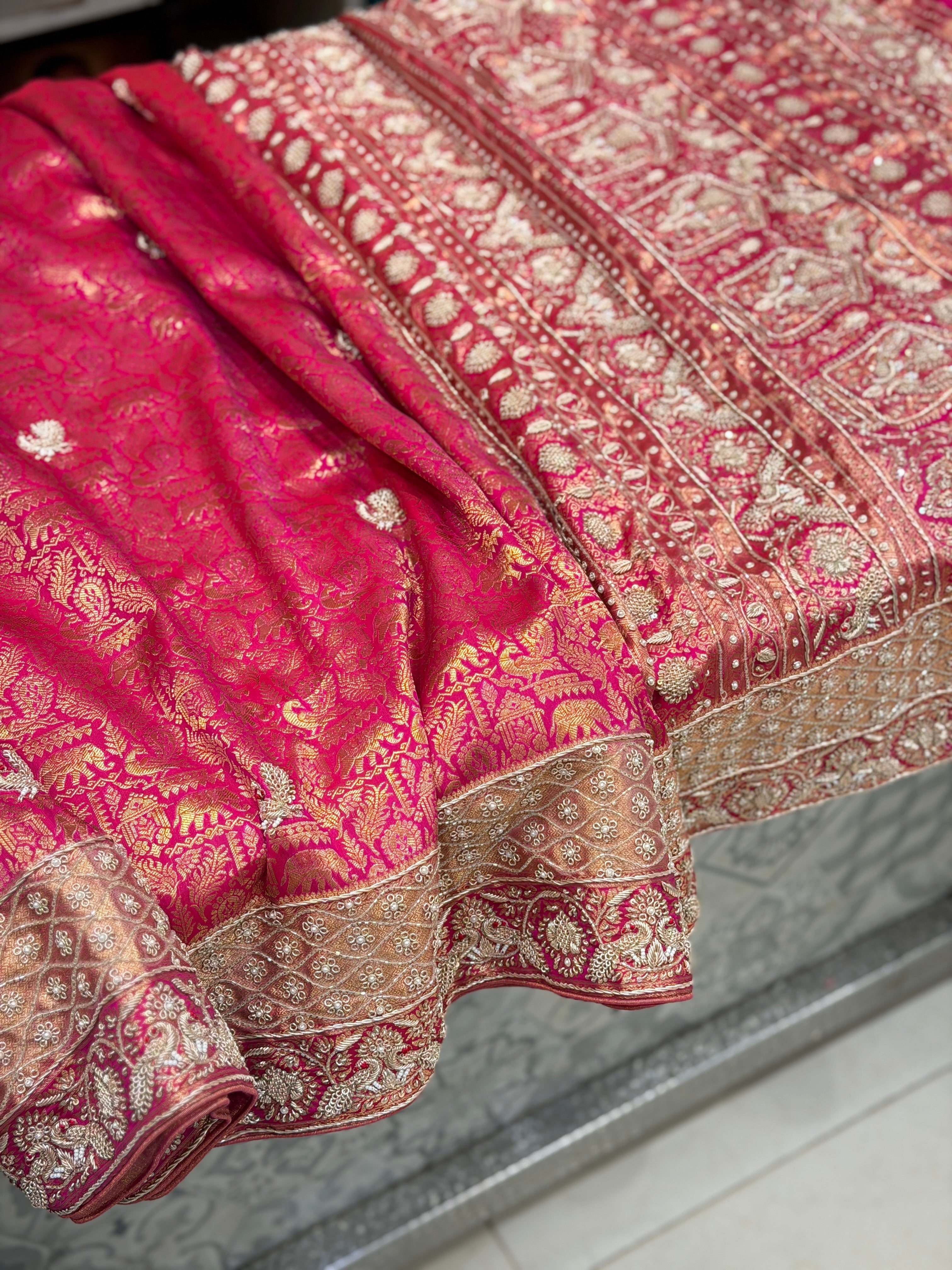 Rani Pink Kanjivaram Peacock Motifs Zardosi Hand Embroidery Saree