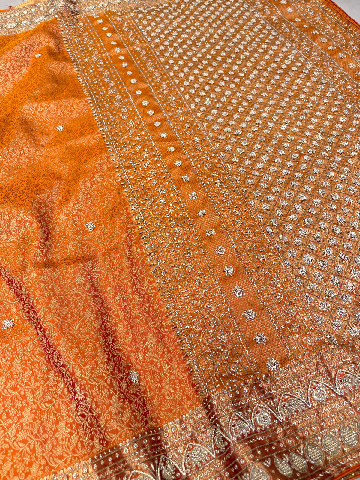 Rust Orange Kanjivaram Elephant Motifs Zardosi Hand Embroidery Saree