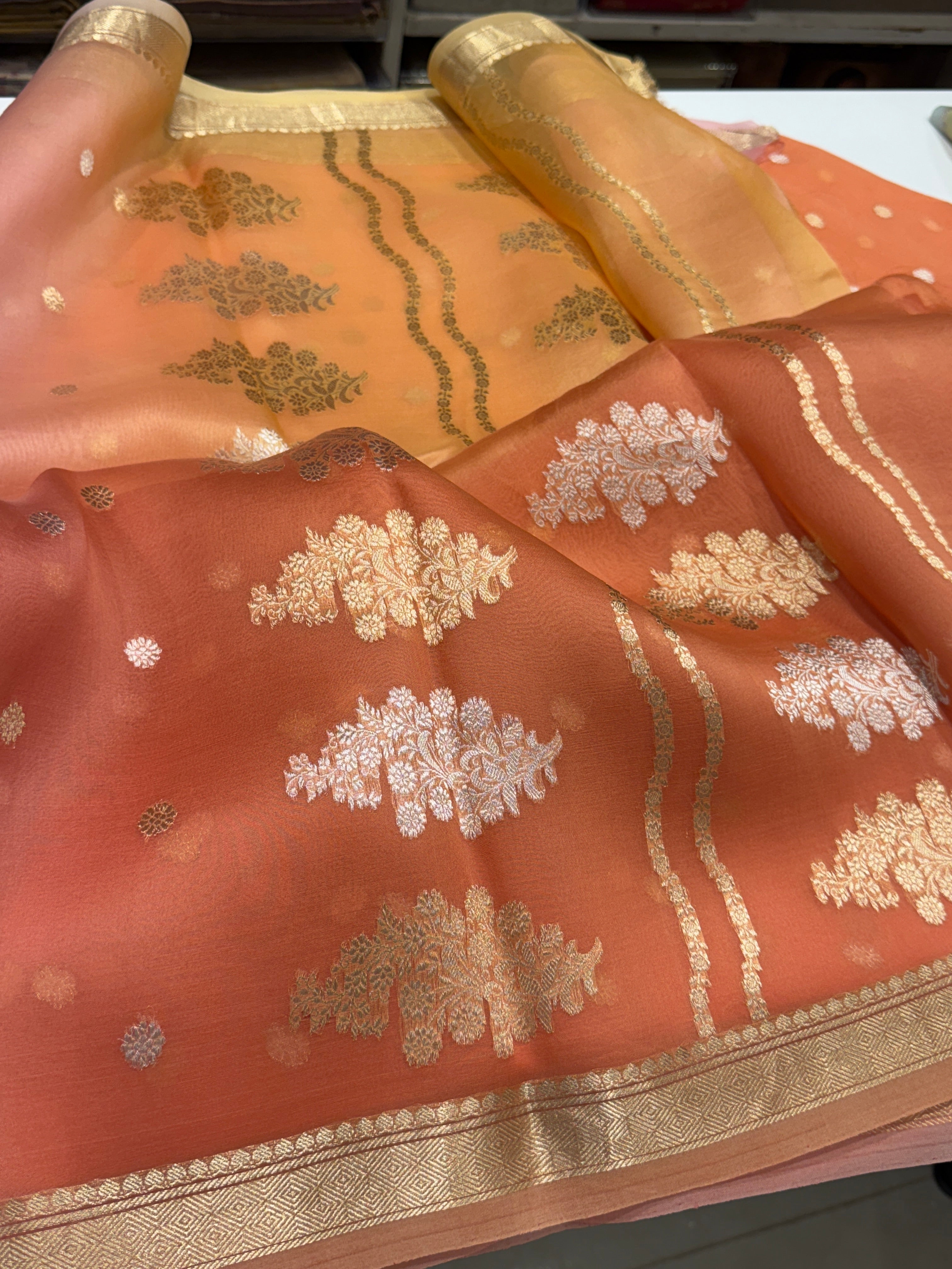 Orange Shaded Banarasi Handloom Kora Saree