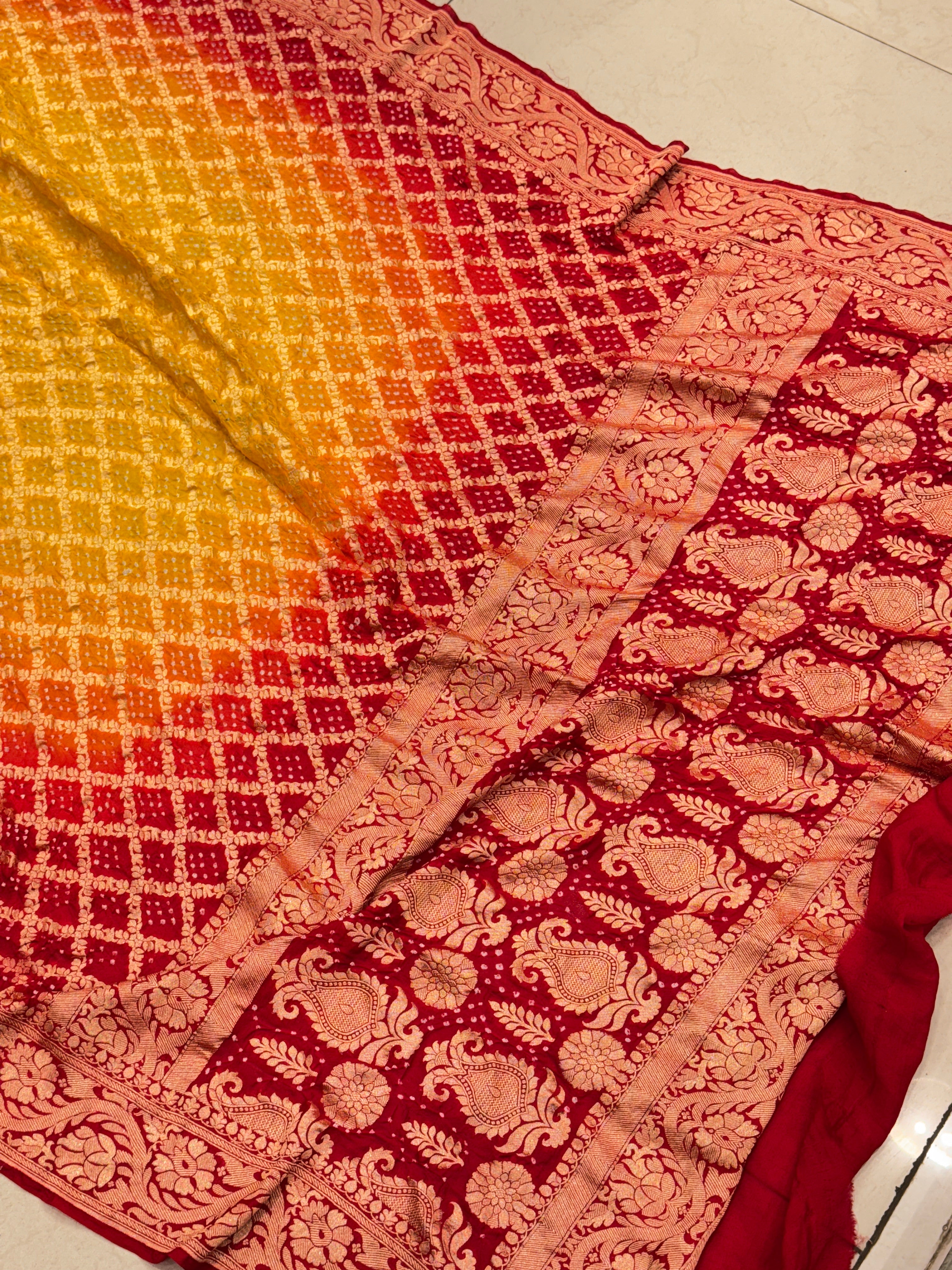 Yellow Red Shaded Bandhej Bandhini Saree