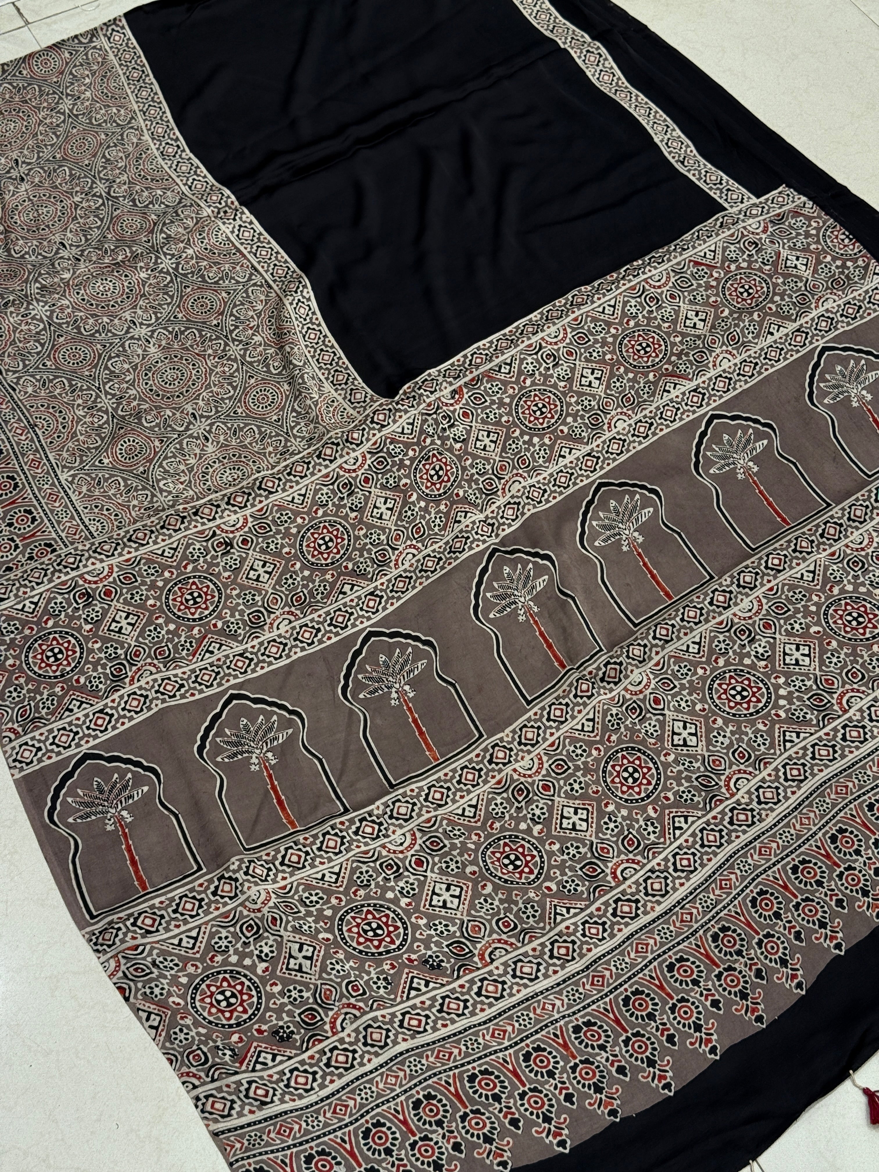Black Half Contemporary Ajrakh Block Print Hand Pure Gajji Silk Saree