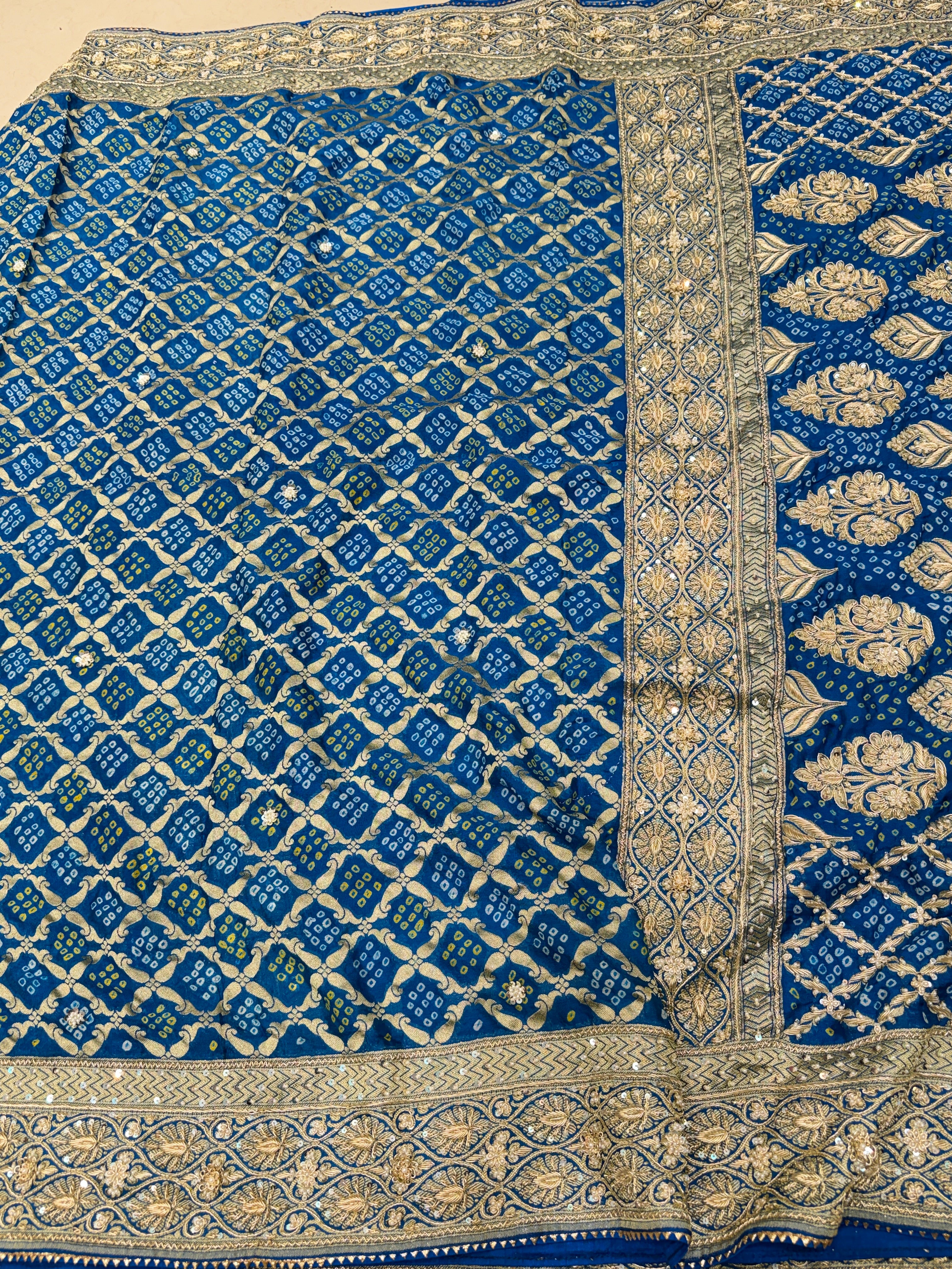 Blue Bandhej Zardosi Hand Embroidery Georgette Saree