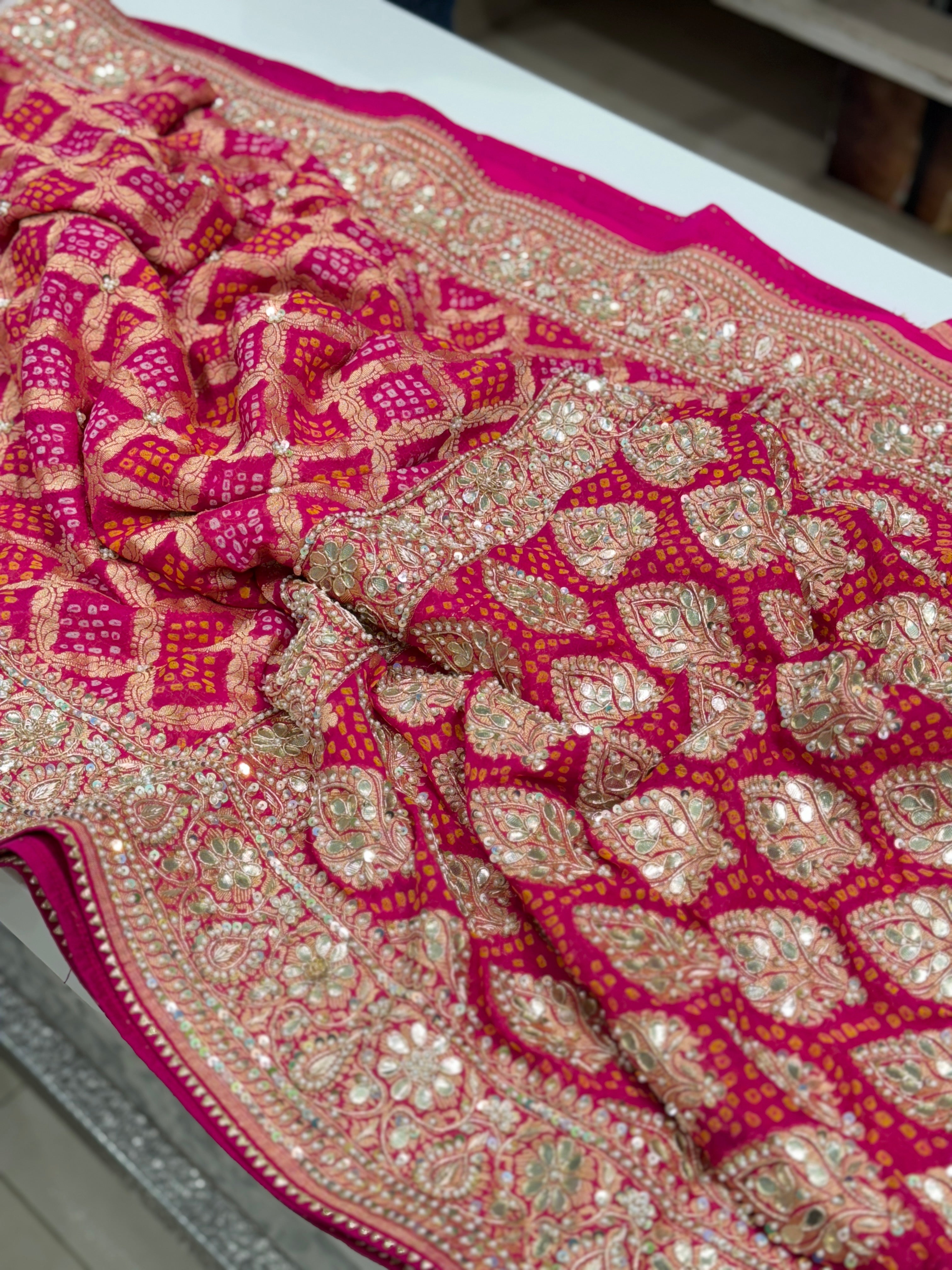 Rani Bandhej Zardosi Hand Embroidery Saree