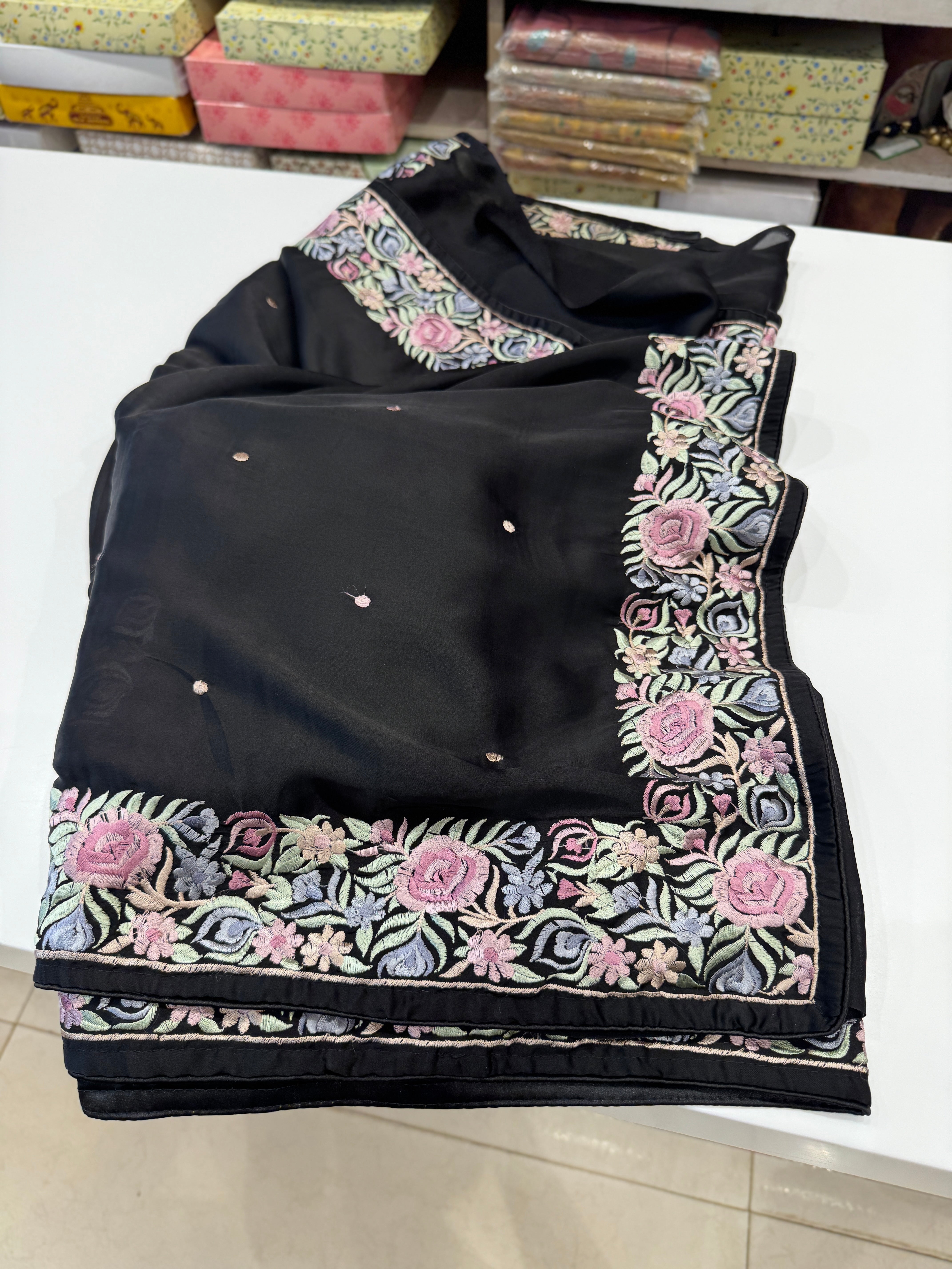 Black Satin Parsi Gara Saree