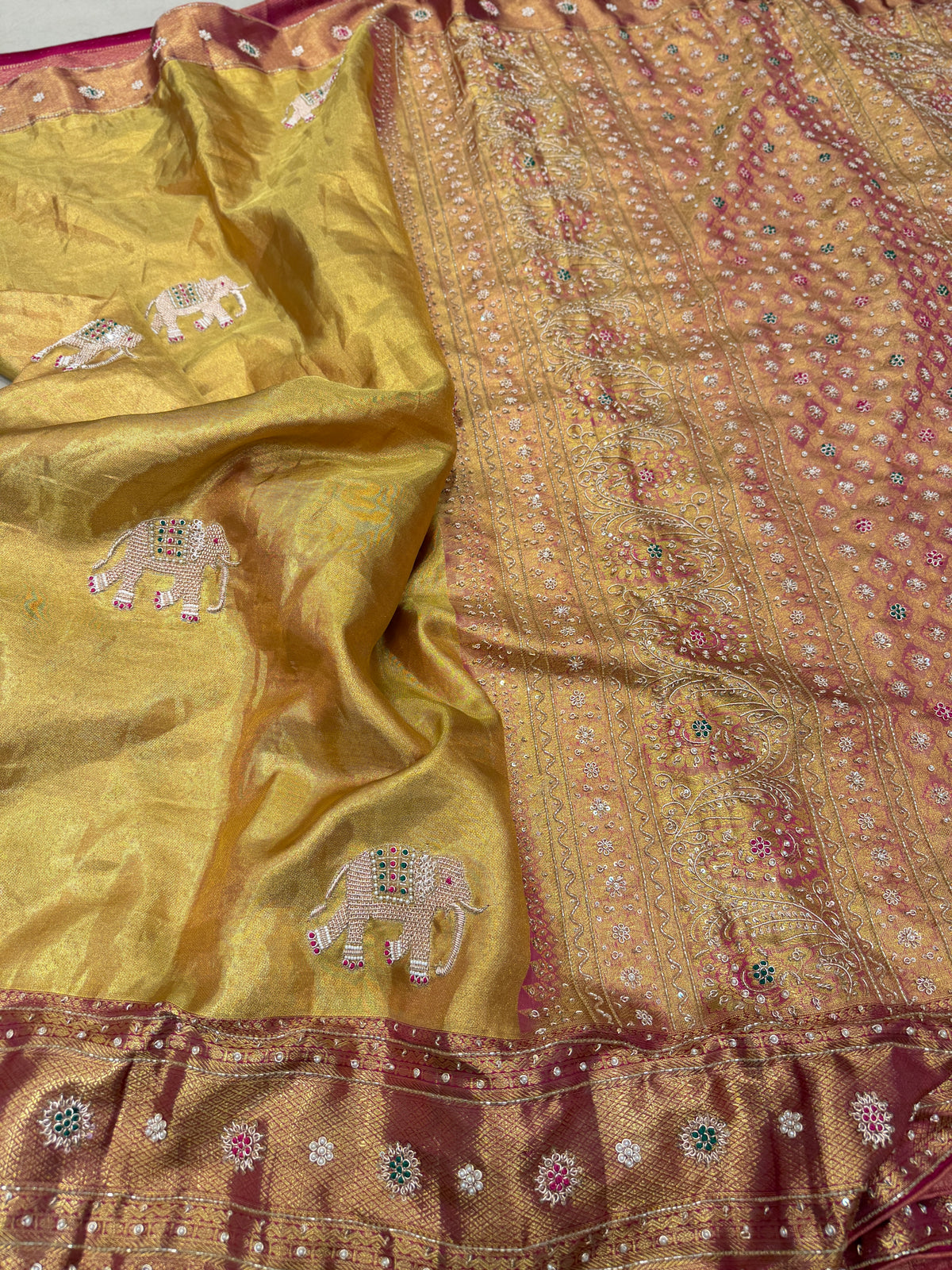 Golden Tissue Silk Kanjivaram Elephant Motif Zardosi Hand Embroidery Saree
