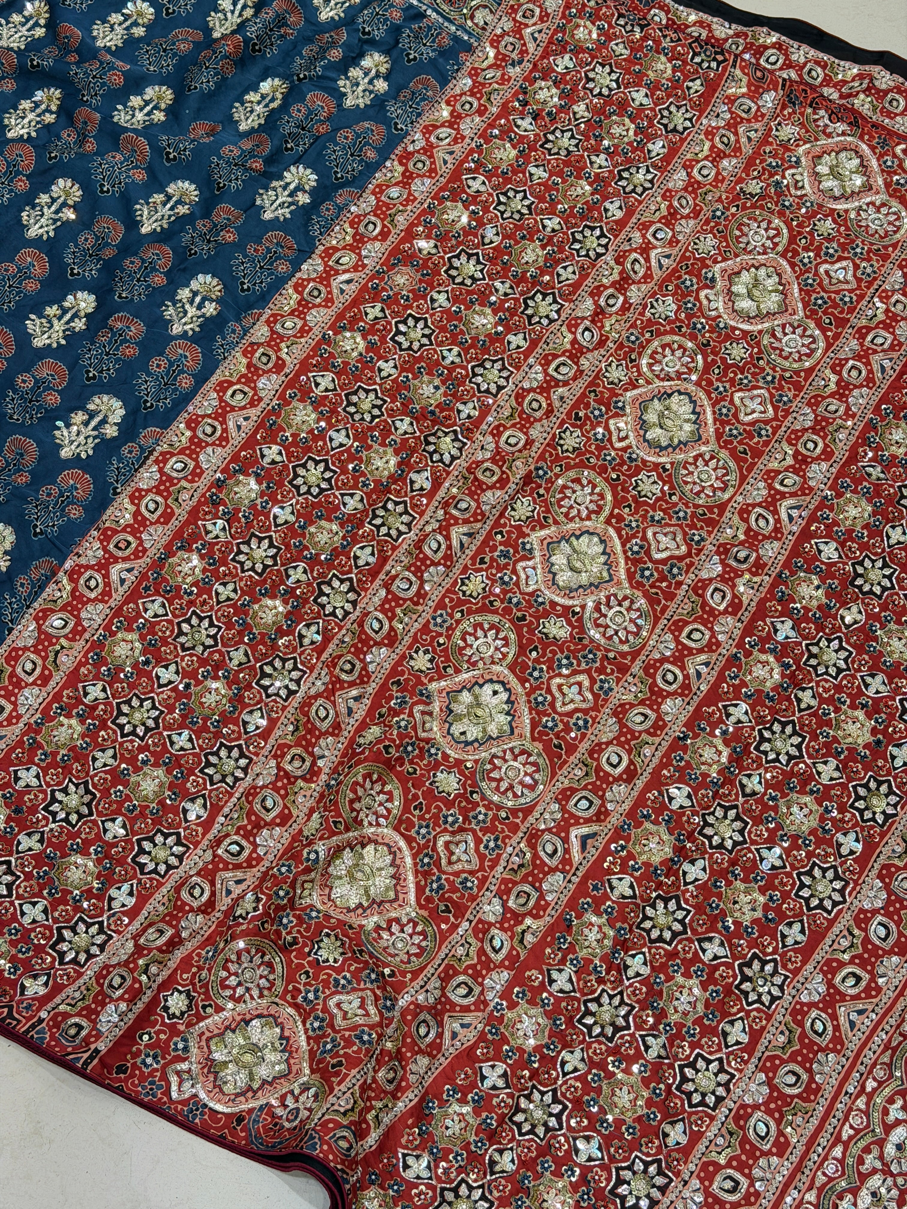 Blue Red Three Floral Butta Pita Zardosi Sequin Ajrakh Hand Embroidery Saree