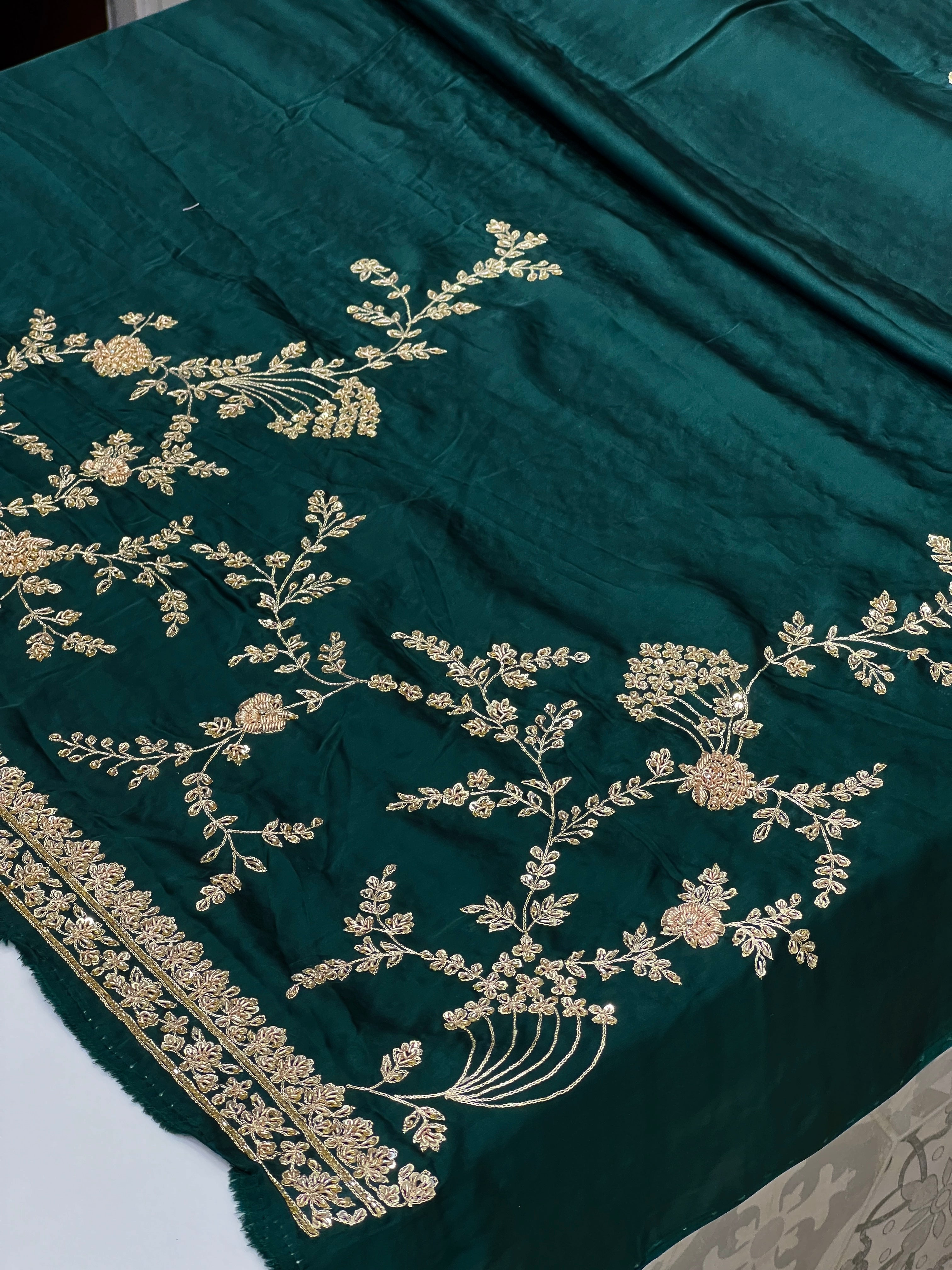 Green Pure Satin Zardosi Embroidery Saree