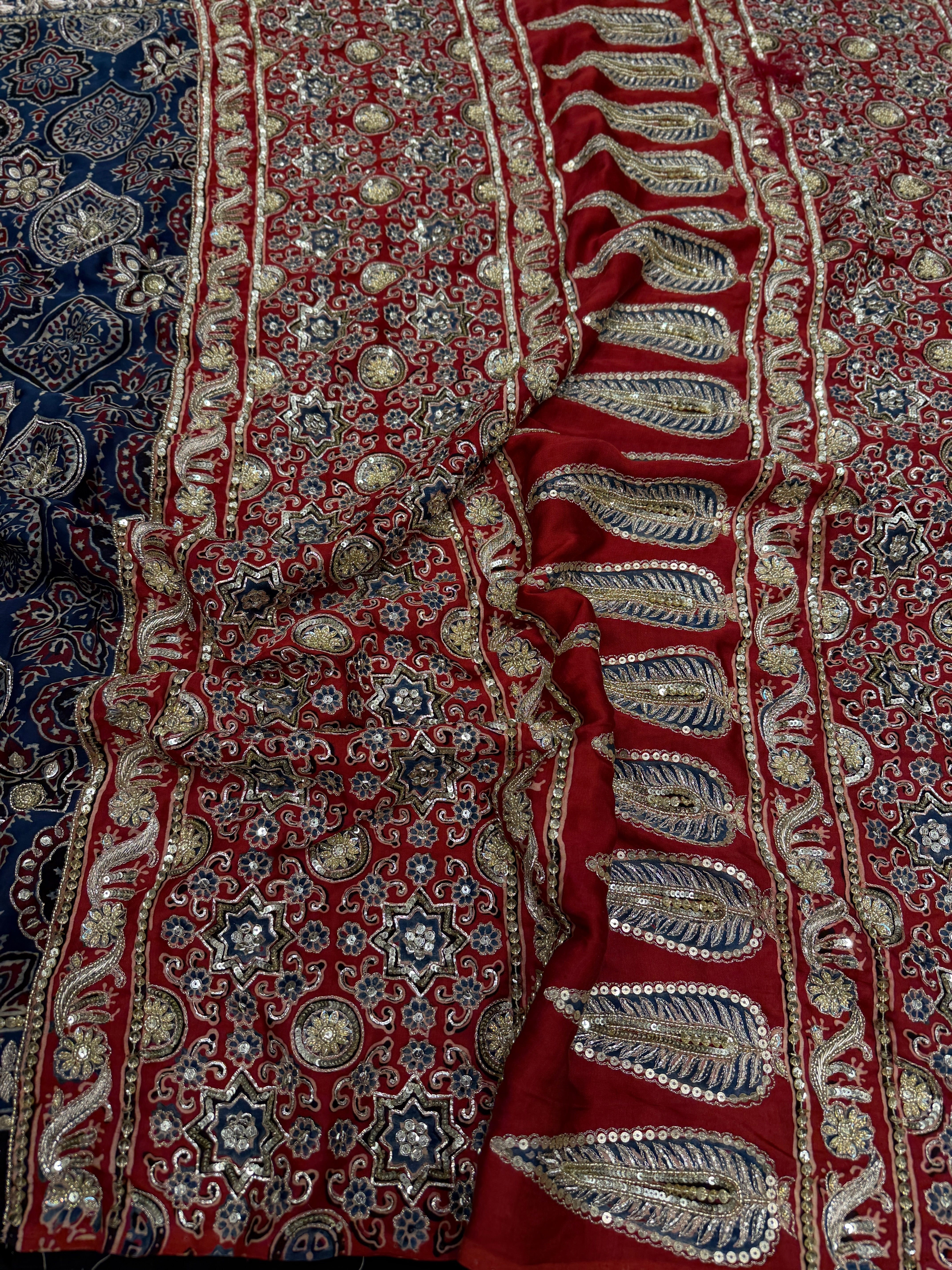 Blue Red Badam Butta Pita Zardosi Sequin Ajrakh Hand Embroidery Saree