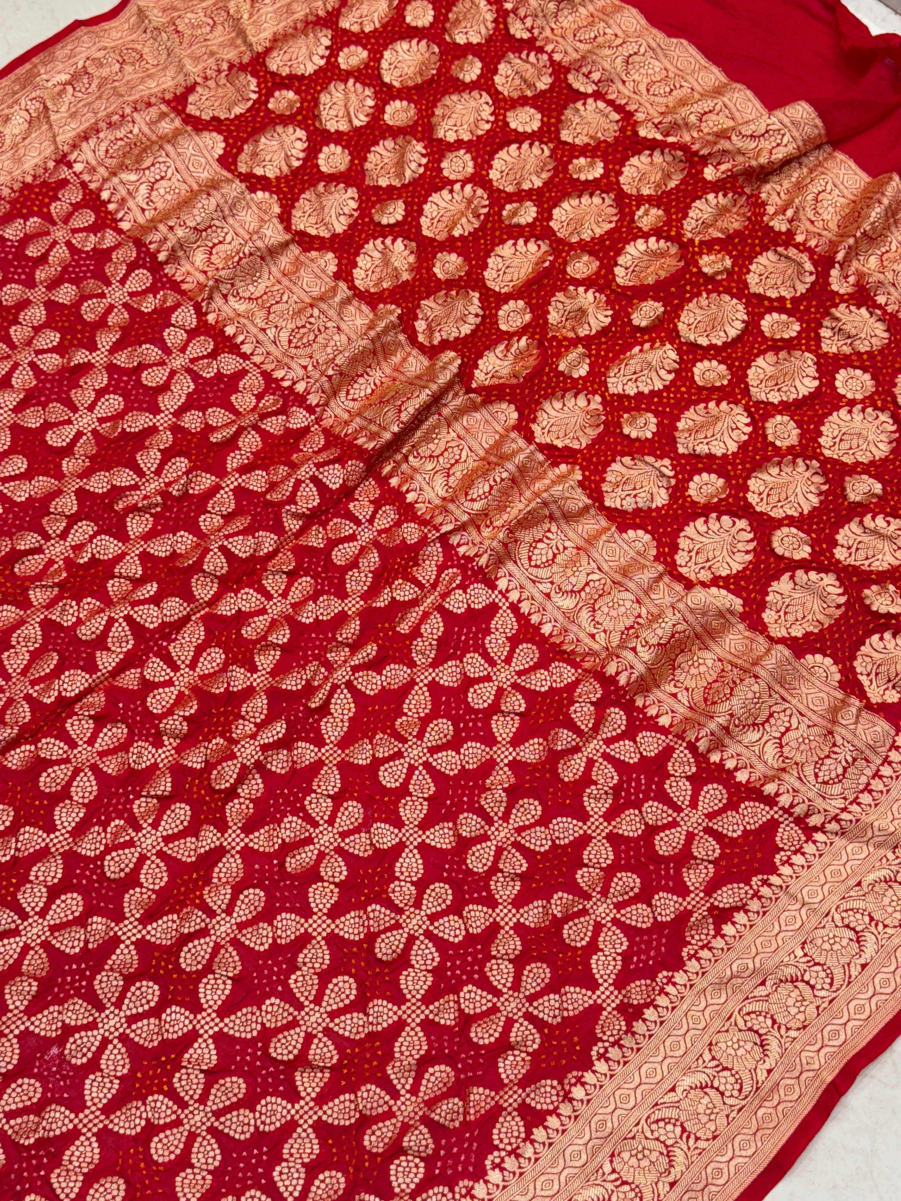 Red Five Petals Bandhej Bandhini Saree