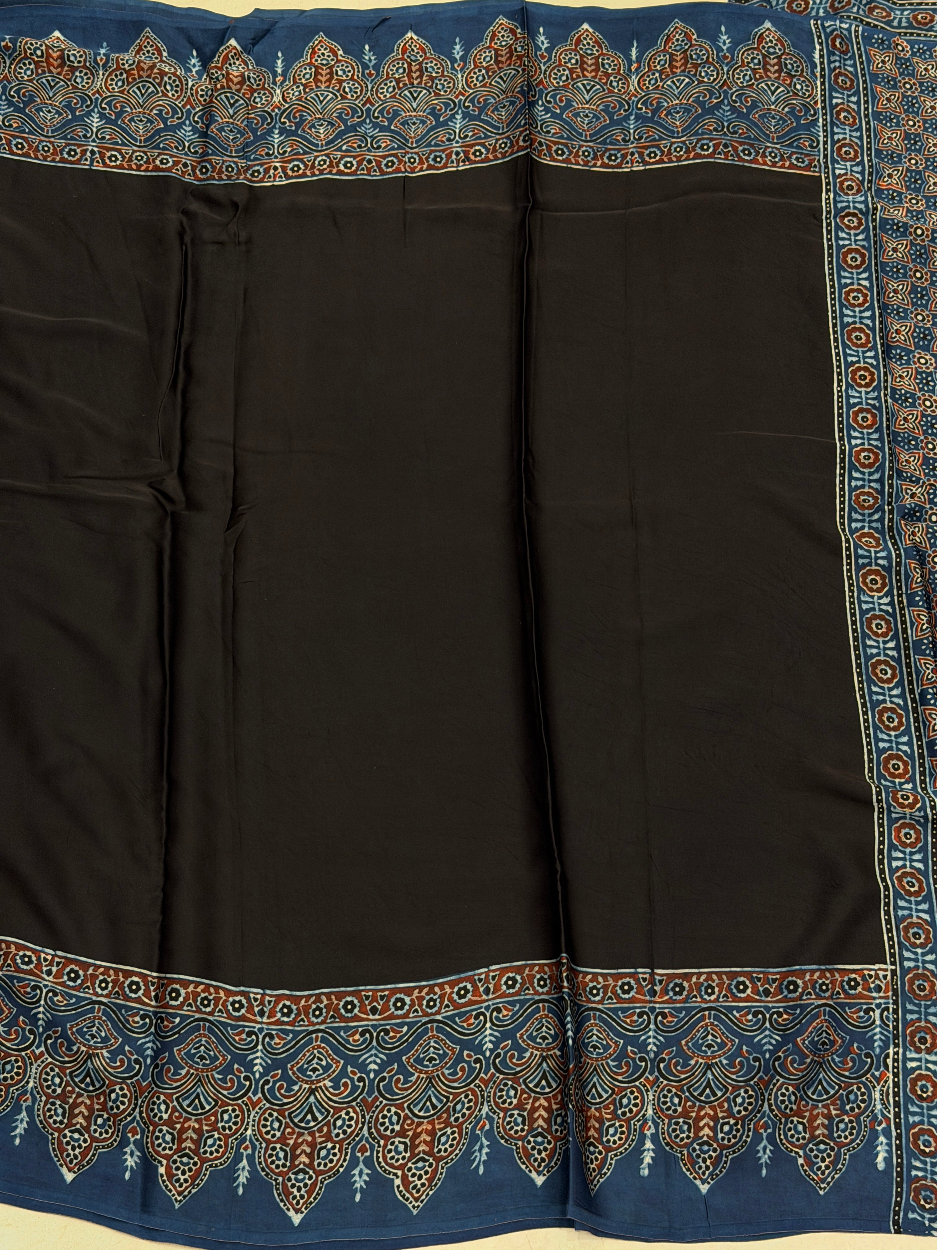Black Plain Blue Border Ajrakh Hand Block Print Pure Modal Silk Saree