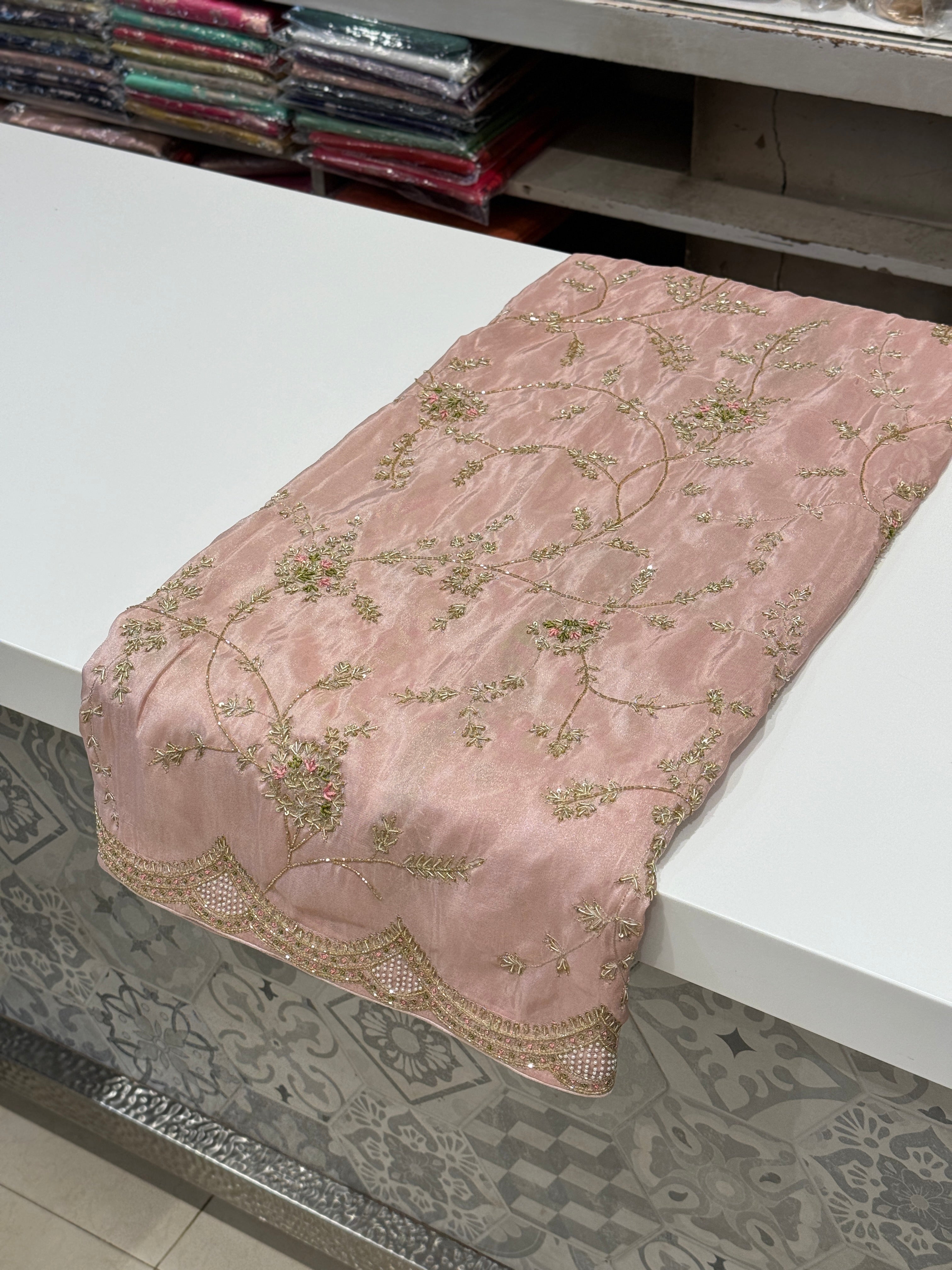Pink Crepe Tissue Zardosi Resham Embroidery Saree