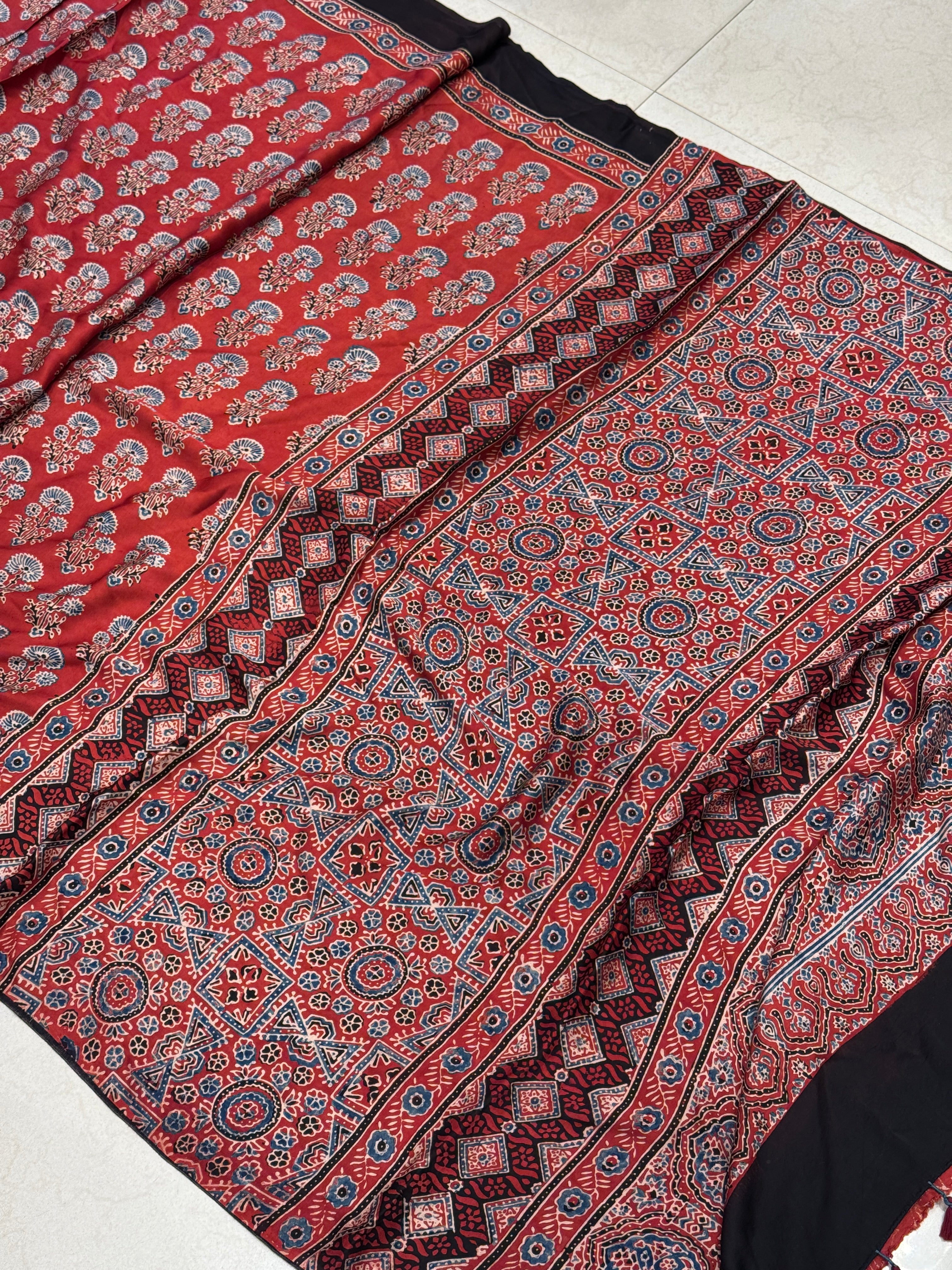 Red Floral Butta Ajrakh Hand Block Print Pure Gajji Silk Saree