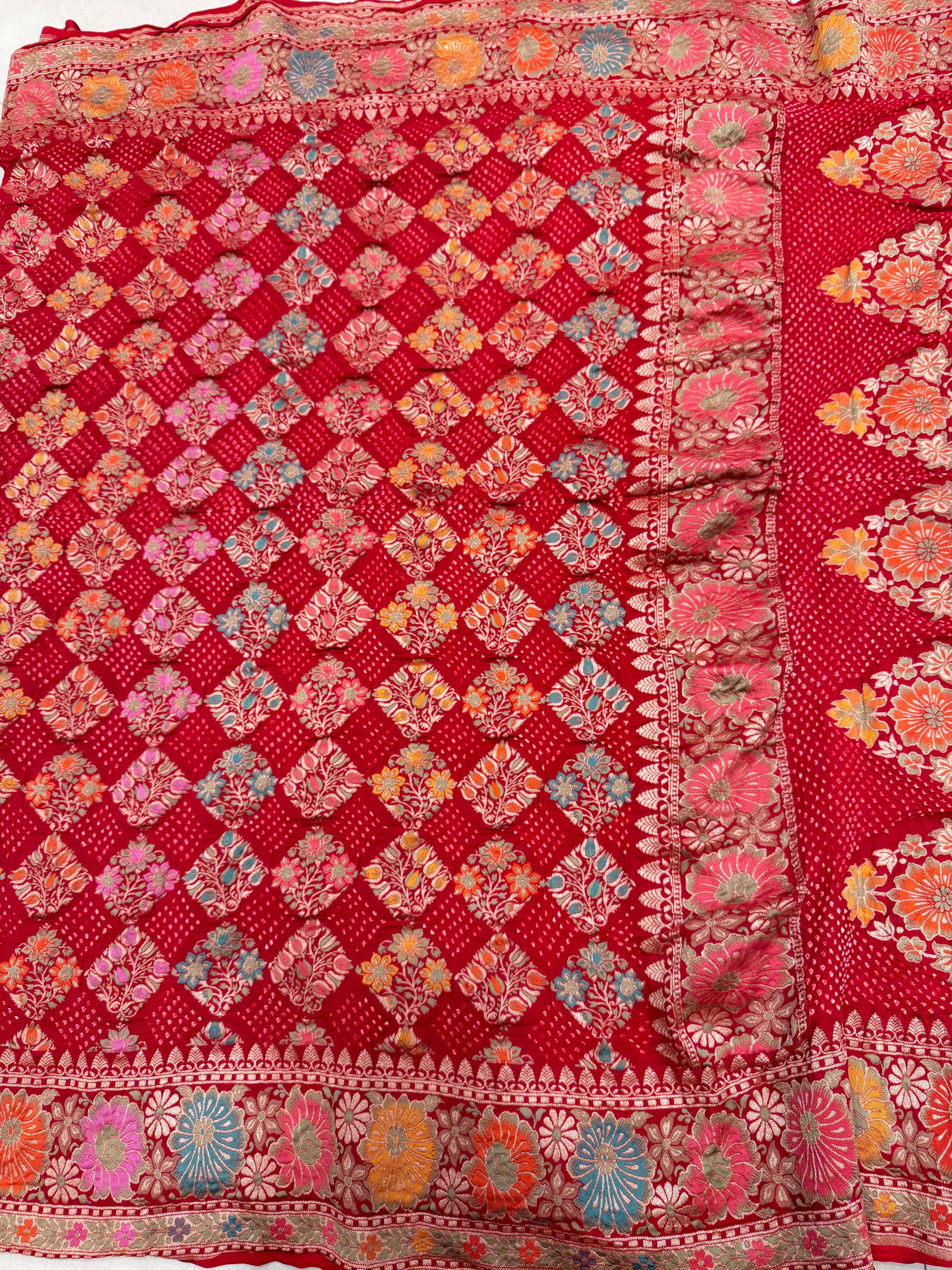 Red Meenakari Floral Butta Rai Bandhej Bandhini Saree
