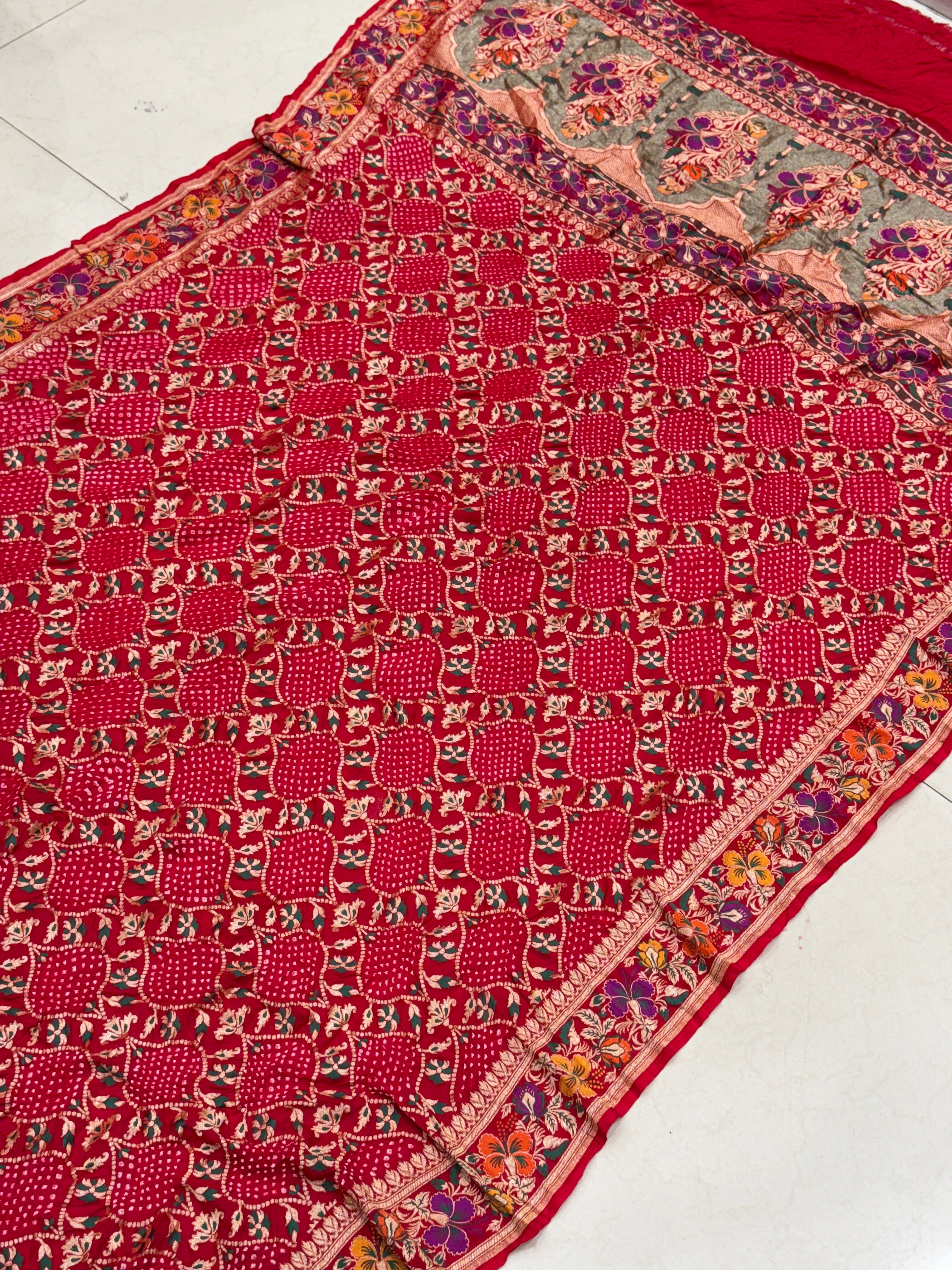 Red Meenakari Rai Bandhej Floral Border Saree