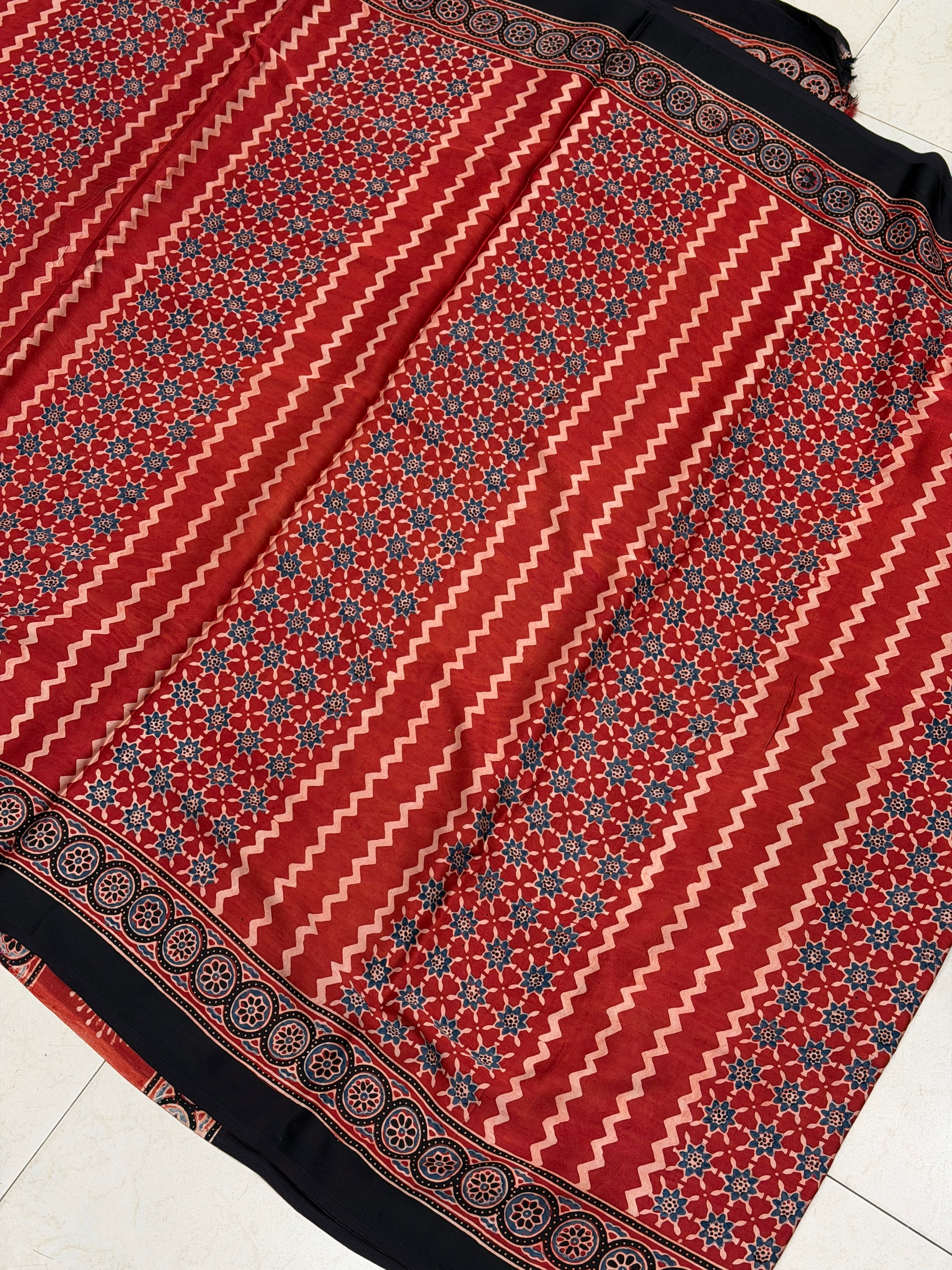 Red Modern Style Ajrakh Hand Block Print Pure Modal Silk Saree