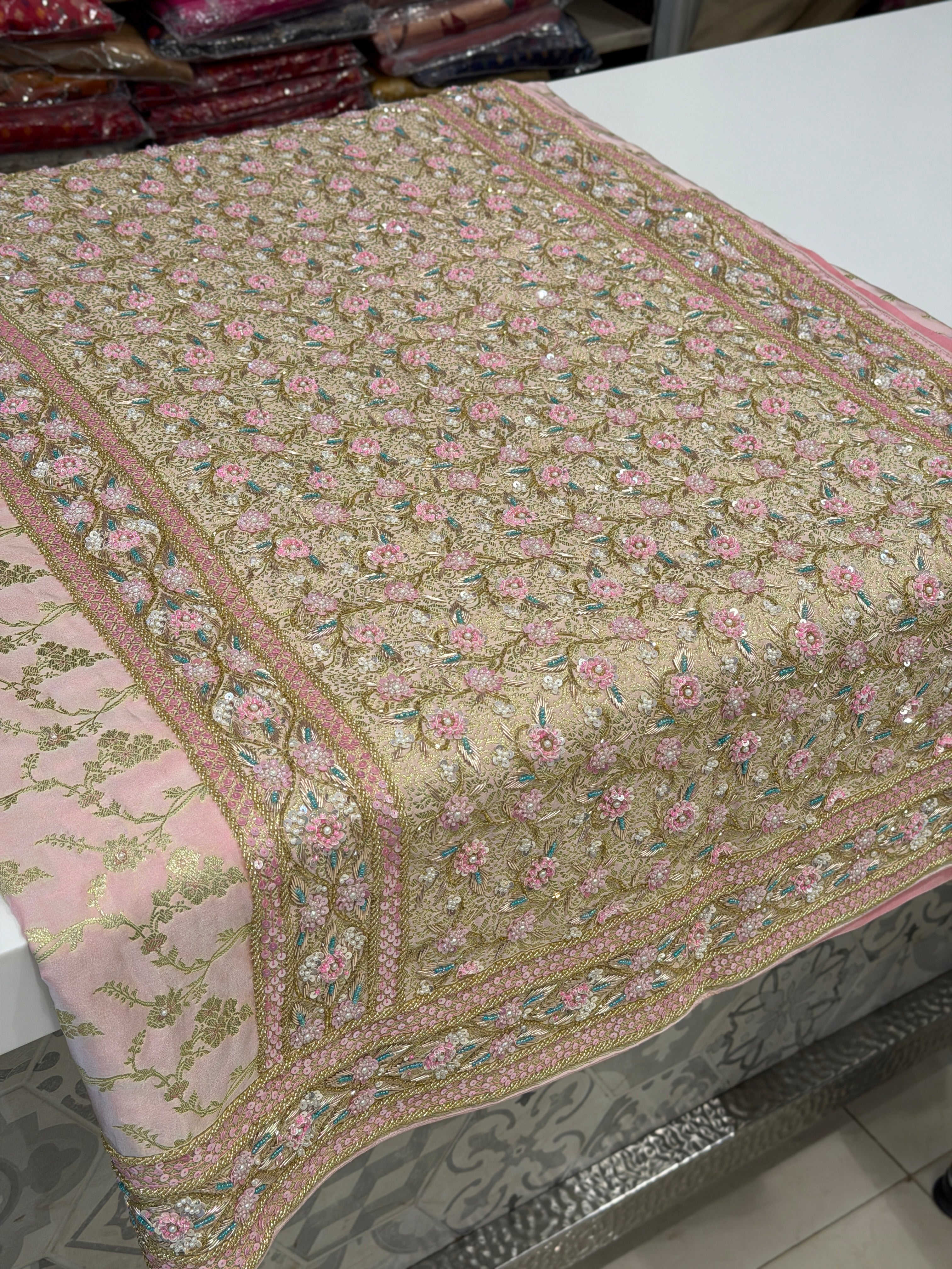 Light Pink Banarasi Floret Jaal Fancy Hand Embroidery Saree