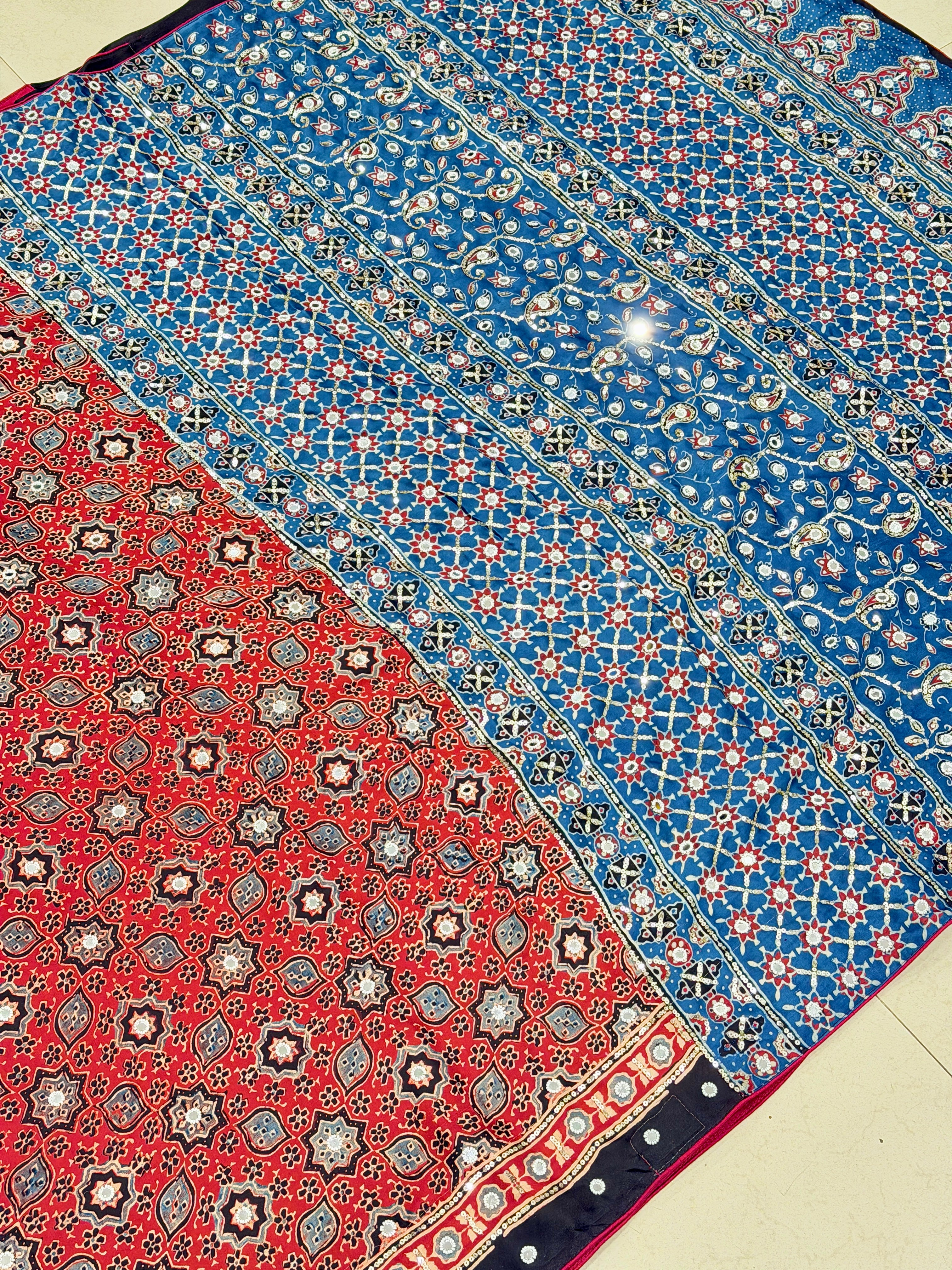 Red Blue Jaal Ajrakh Real Mirror Moti Sequin Hand Embroidery Saree