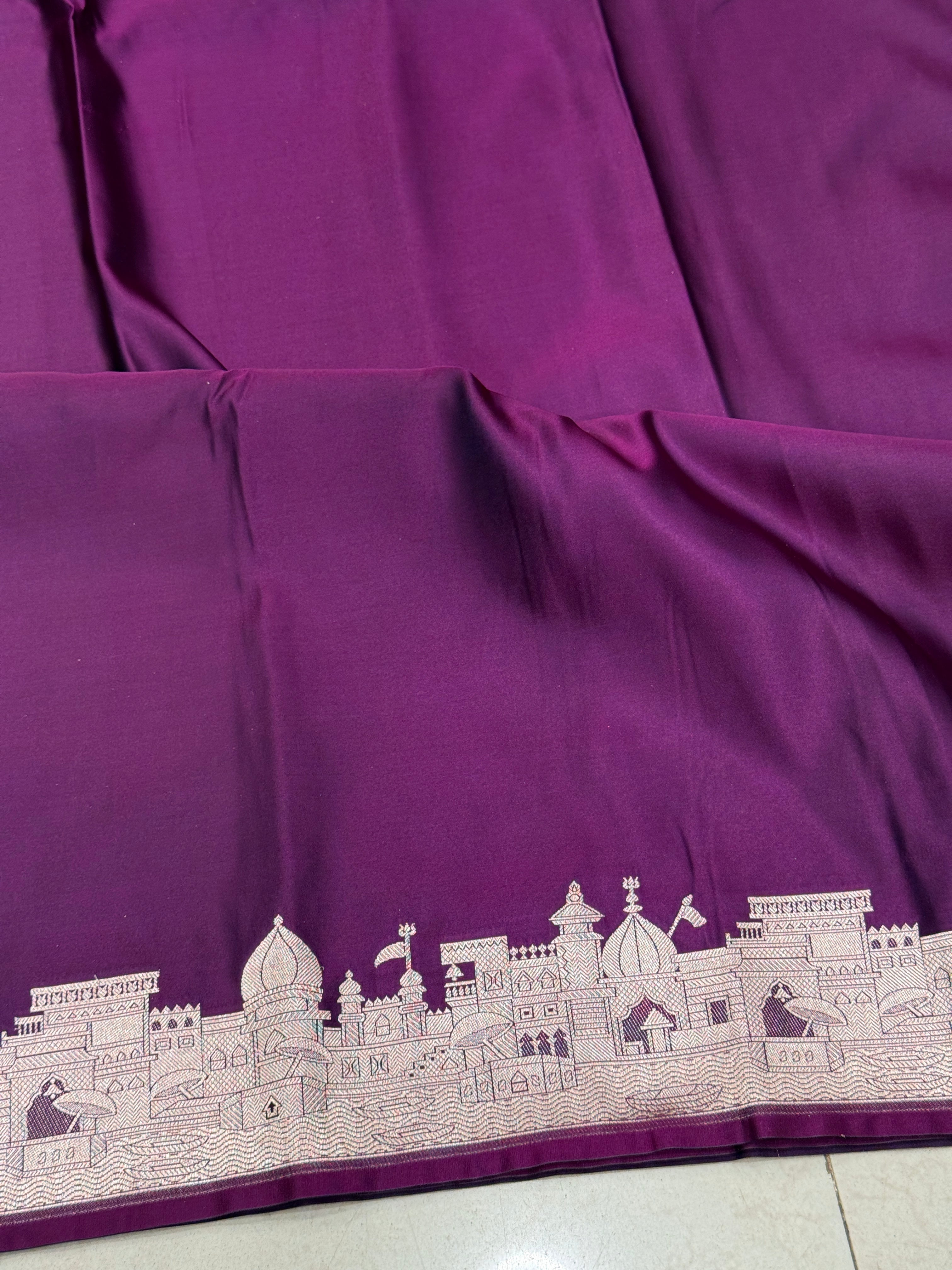 Wine Banarasi Silk Ganga Ghat Border Saree