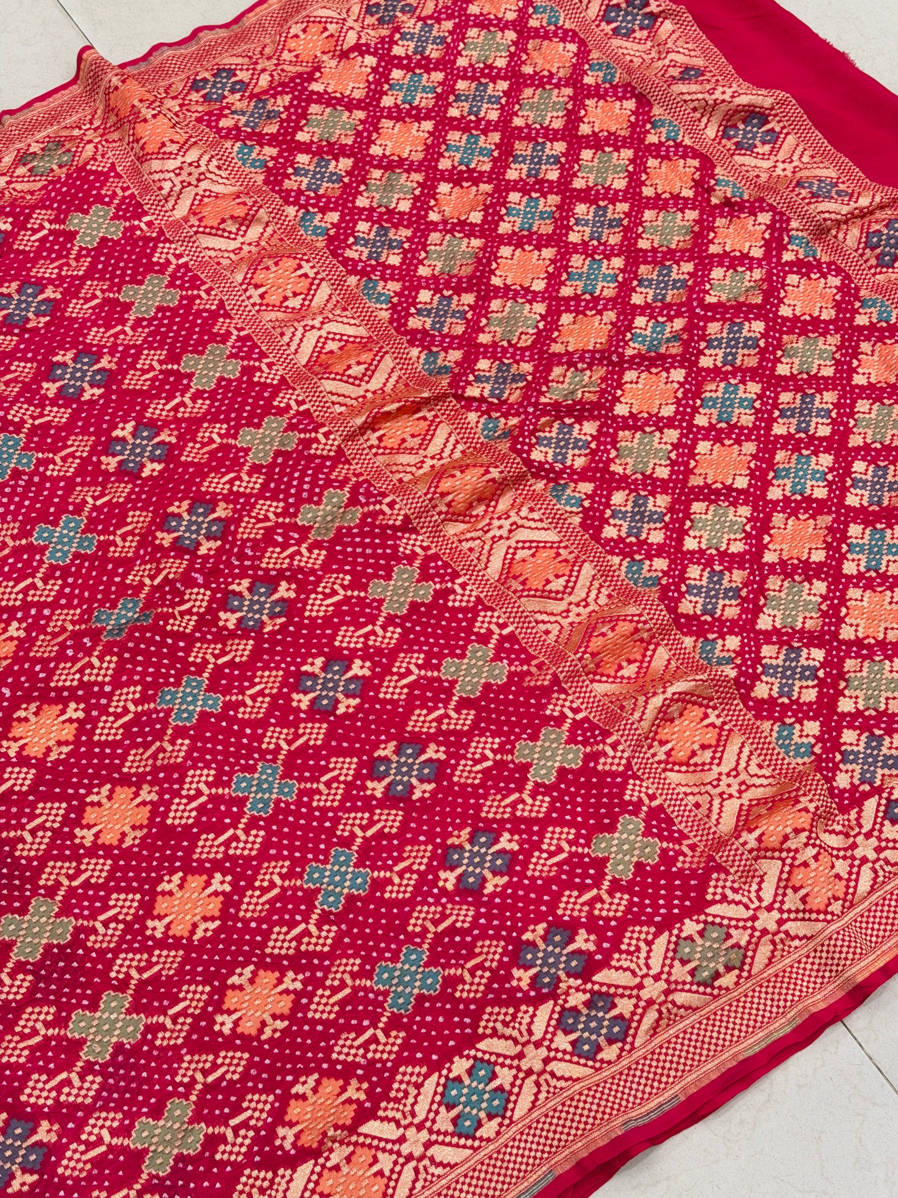 Crimson Rani Patola Weave Meenakari Georgette Bandhej Saree