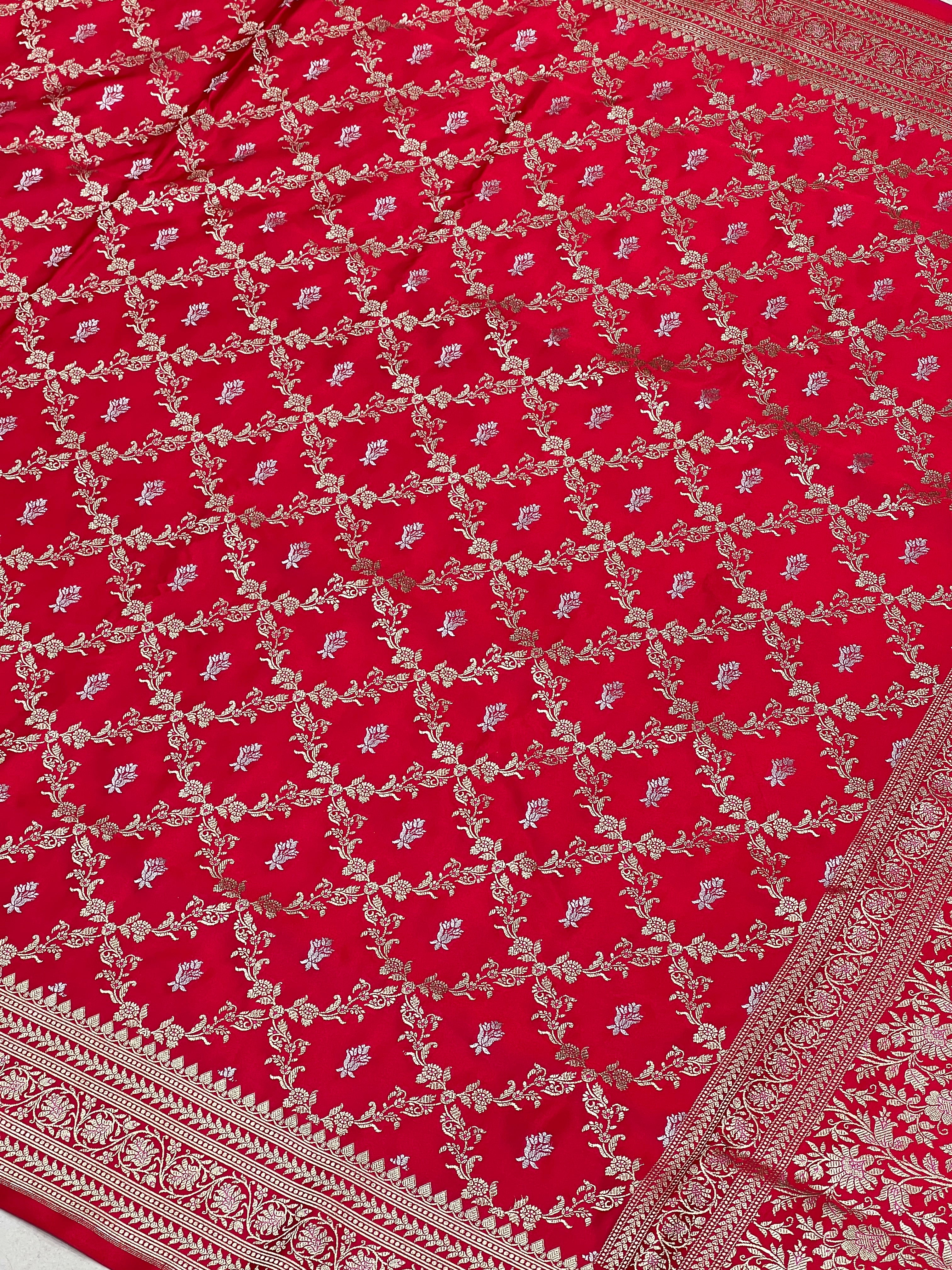 Red Banarasi Silk Criss Cross Butti Saree