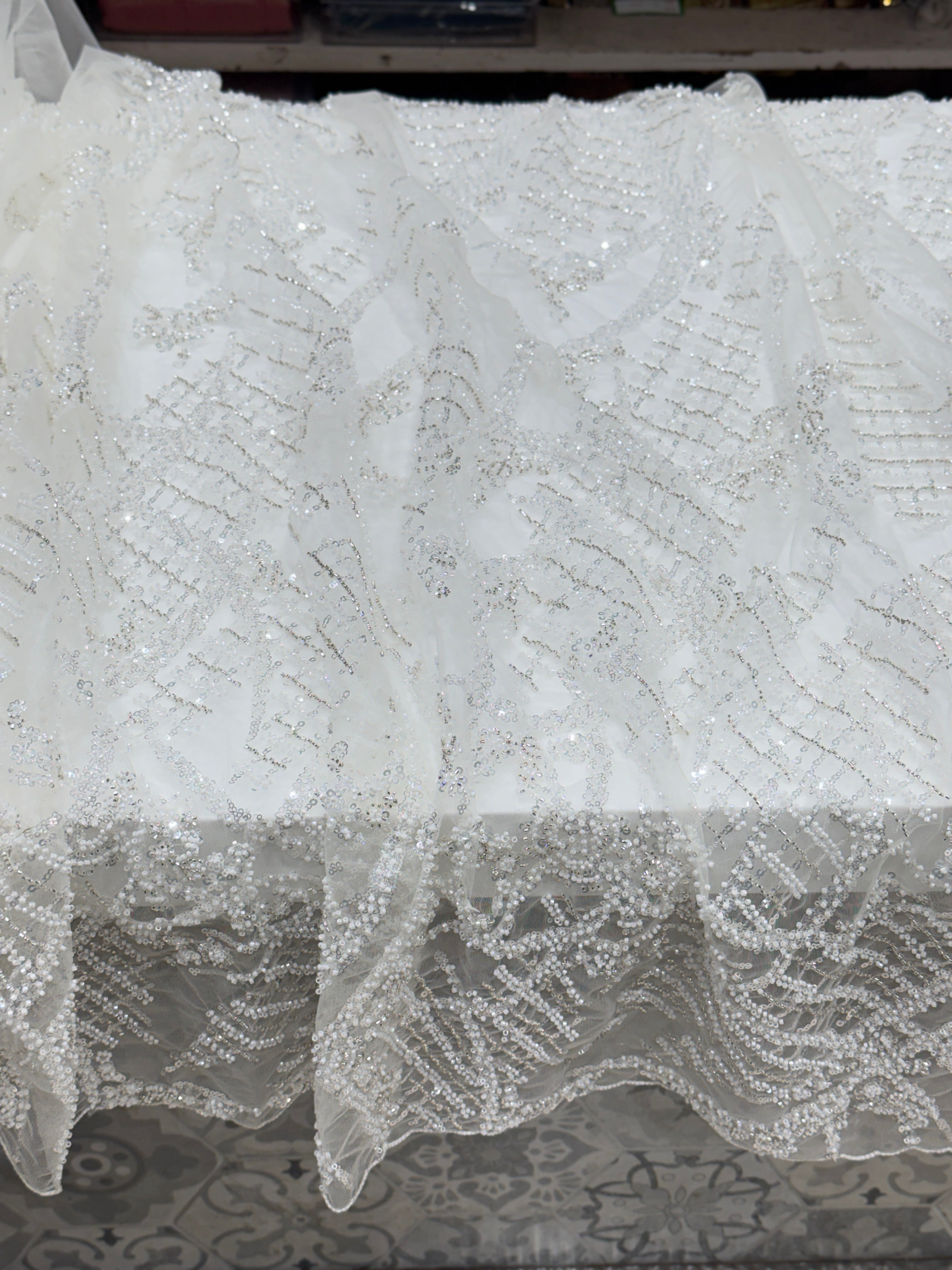 White Net Embroidery Moti Cutdana Soft Saree