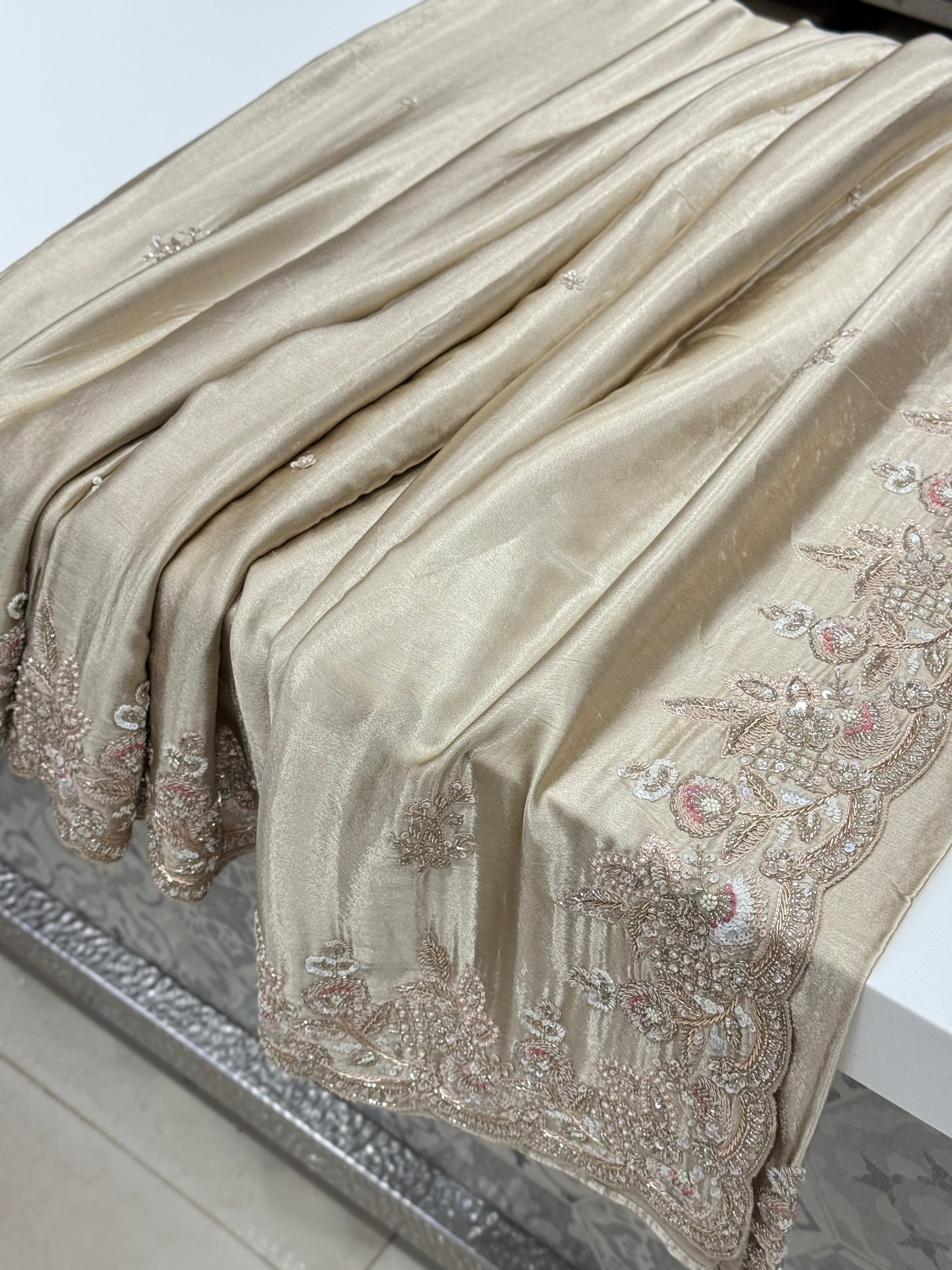 Champagne Satin Hand Embroidery Zardosi Saree