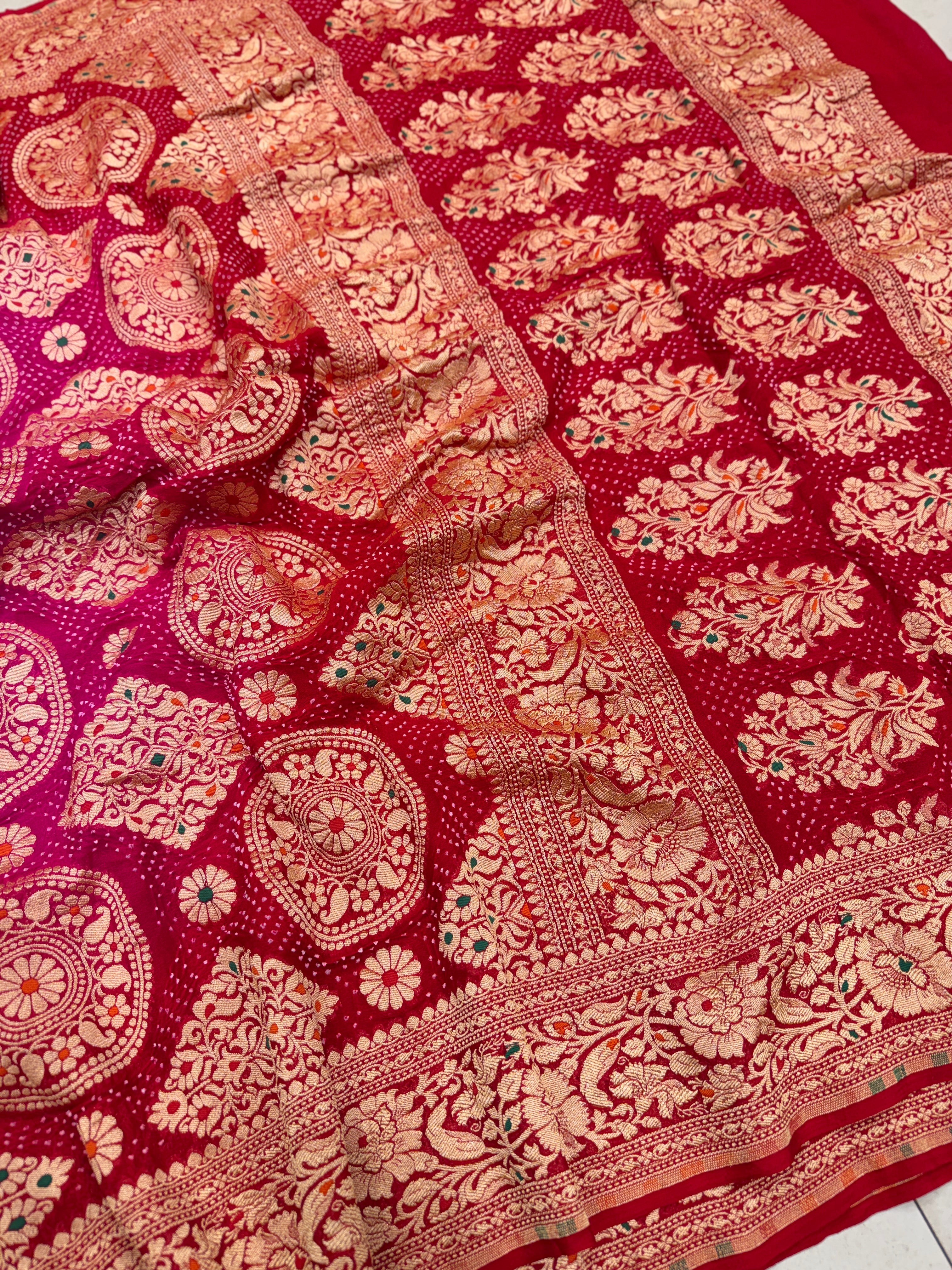 Shaded Rani Red Meenakari Pure Handloom Rai Bandhej Saree