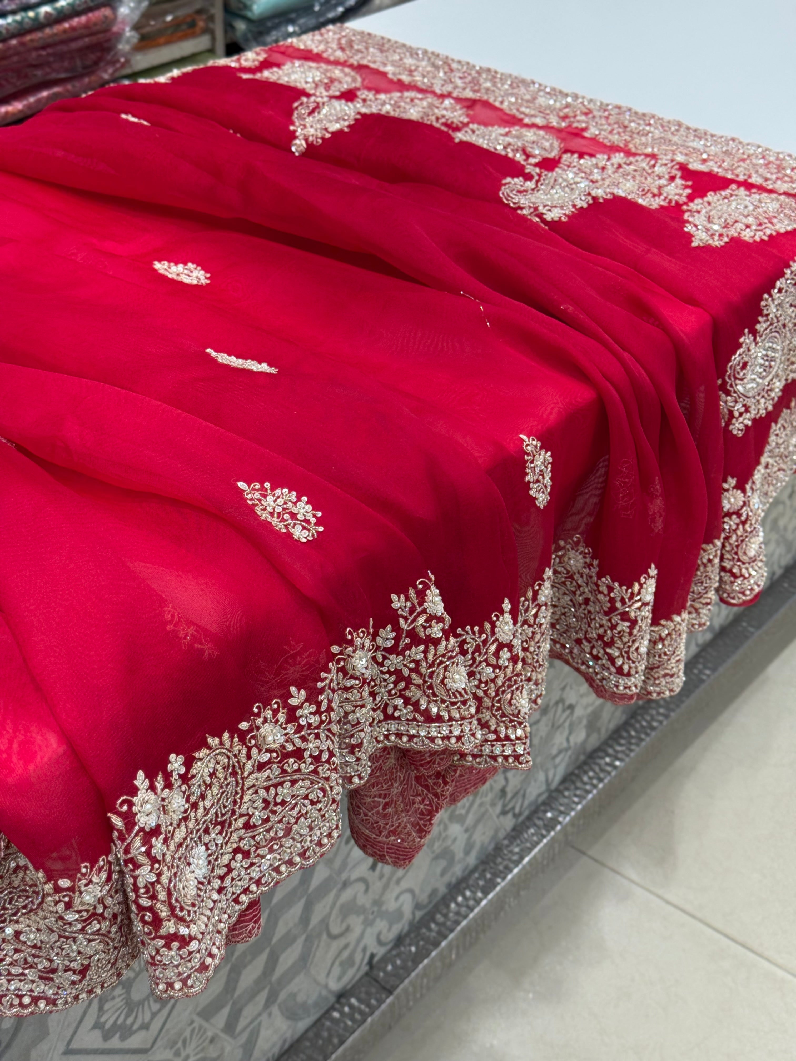 Red Organza Hand Embroidery Saree