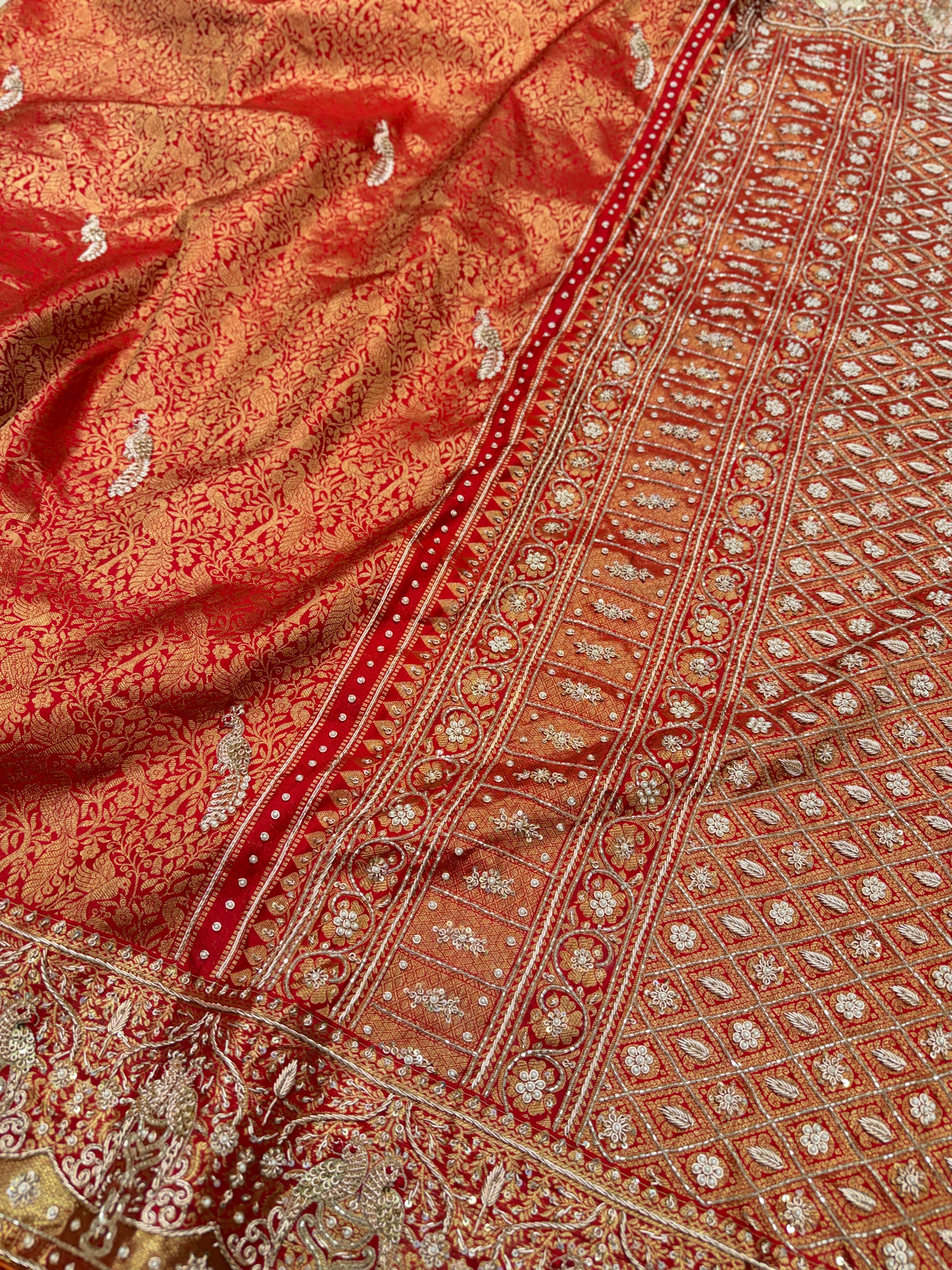 Red Kanjivaram Peacock Motif Hand Embroidery Zardosi Saree