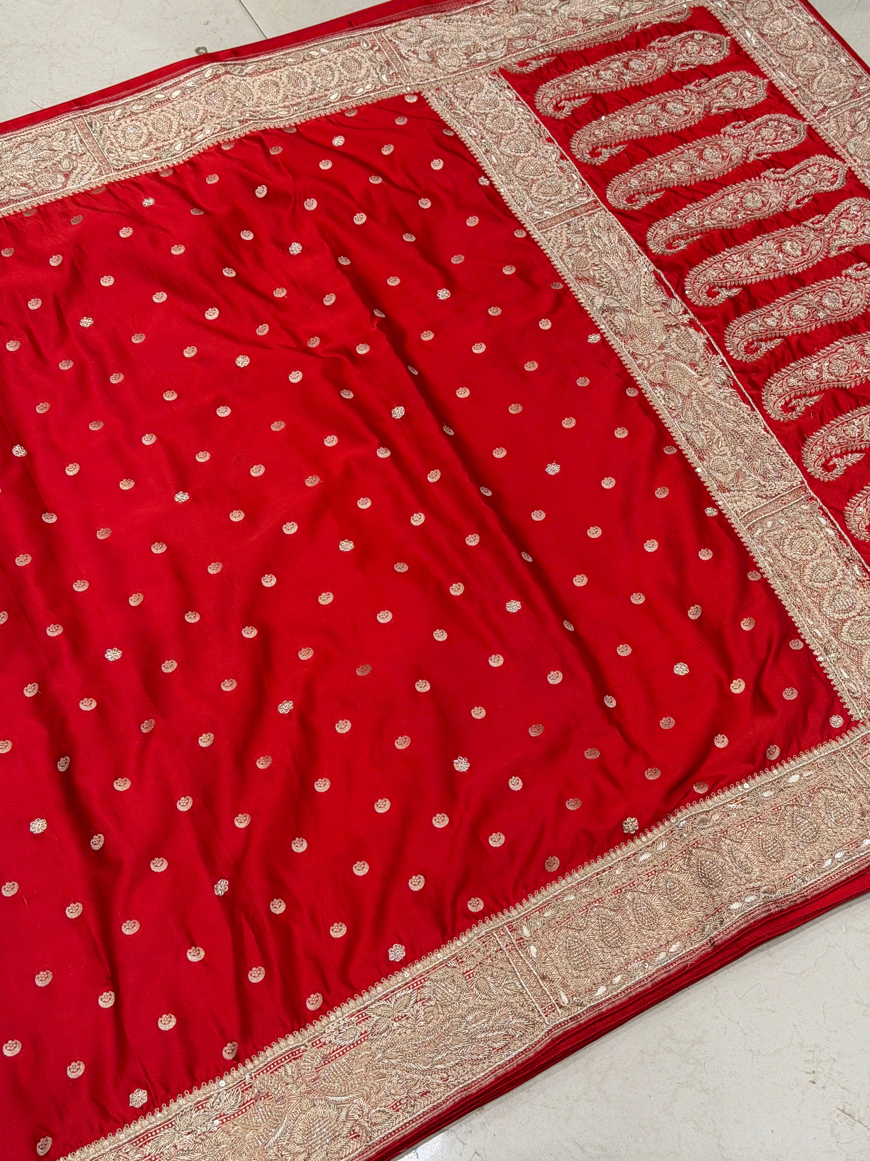 Red Chand Butti Zardosi Hand Embroidery Saree