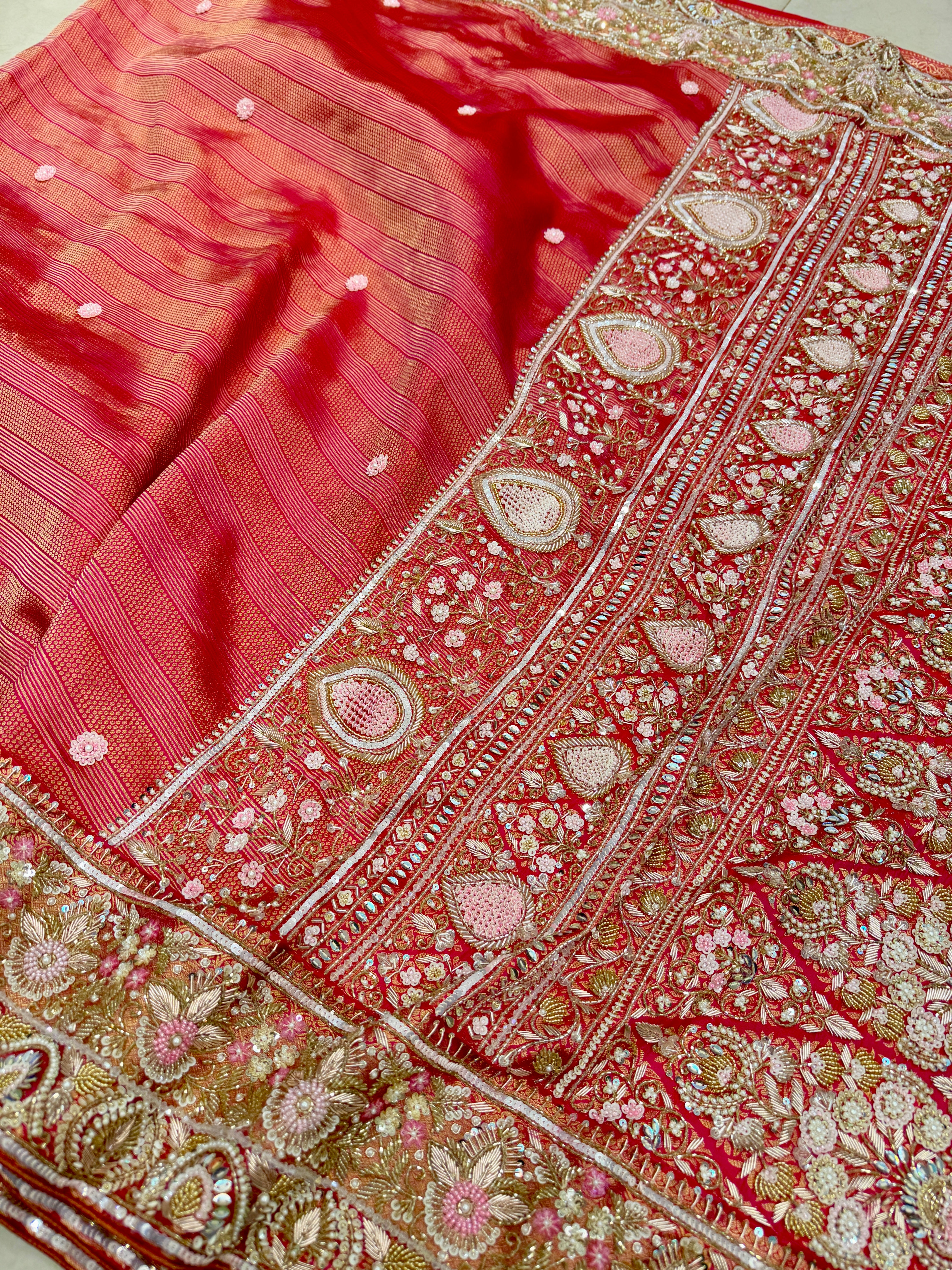 Rani Pink Kanjivaram Leheriya Weave Moti Zardosi Hand Embroidery Saree