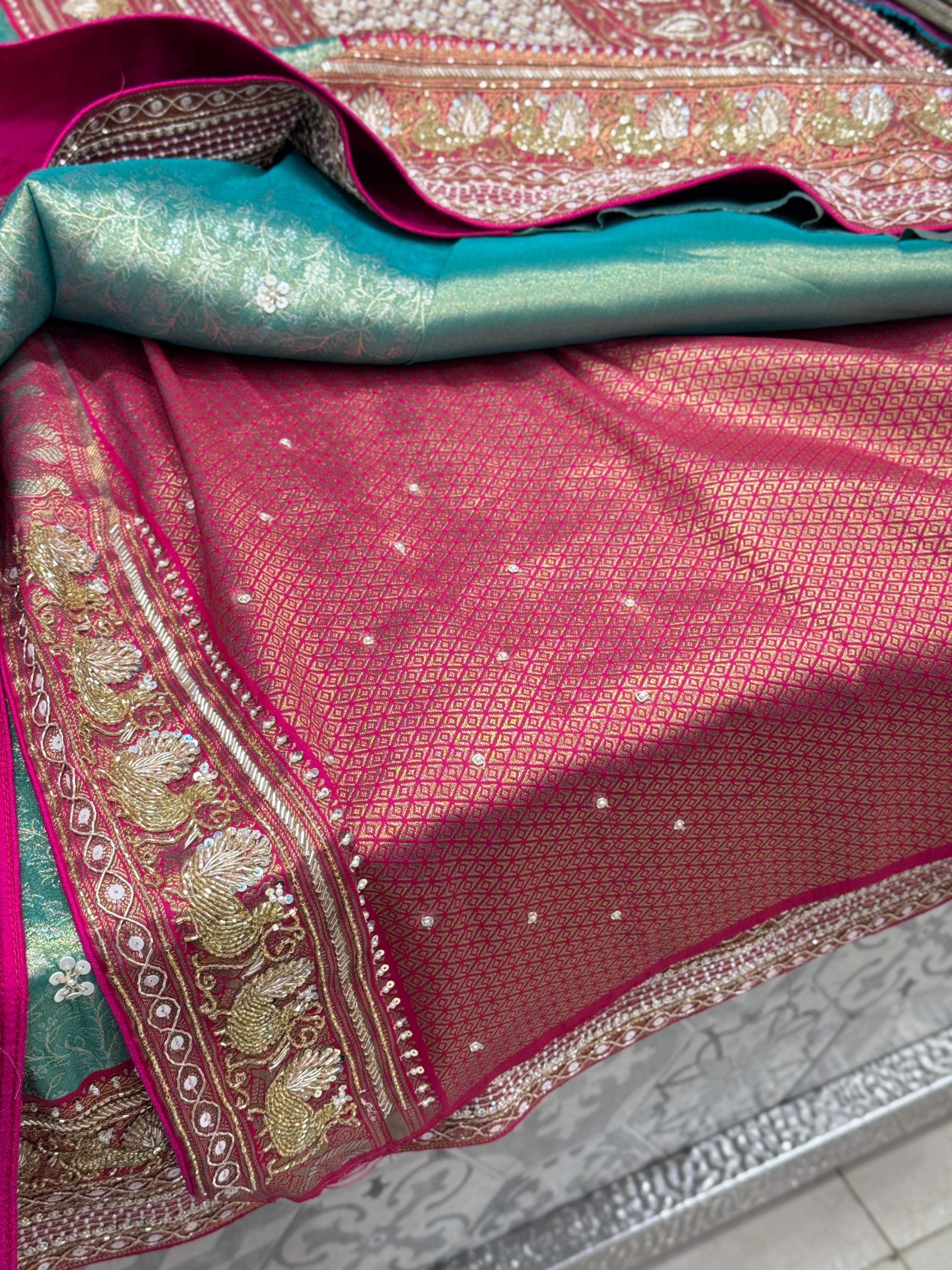 Green Rani Tissue Kanjivaram Hand Embroidery Saree