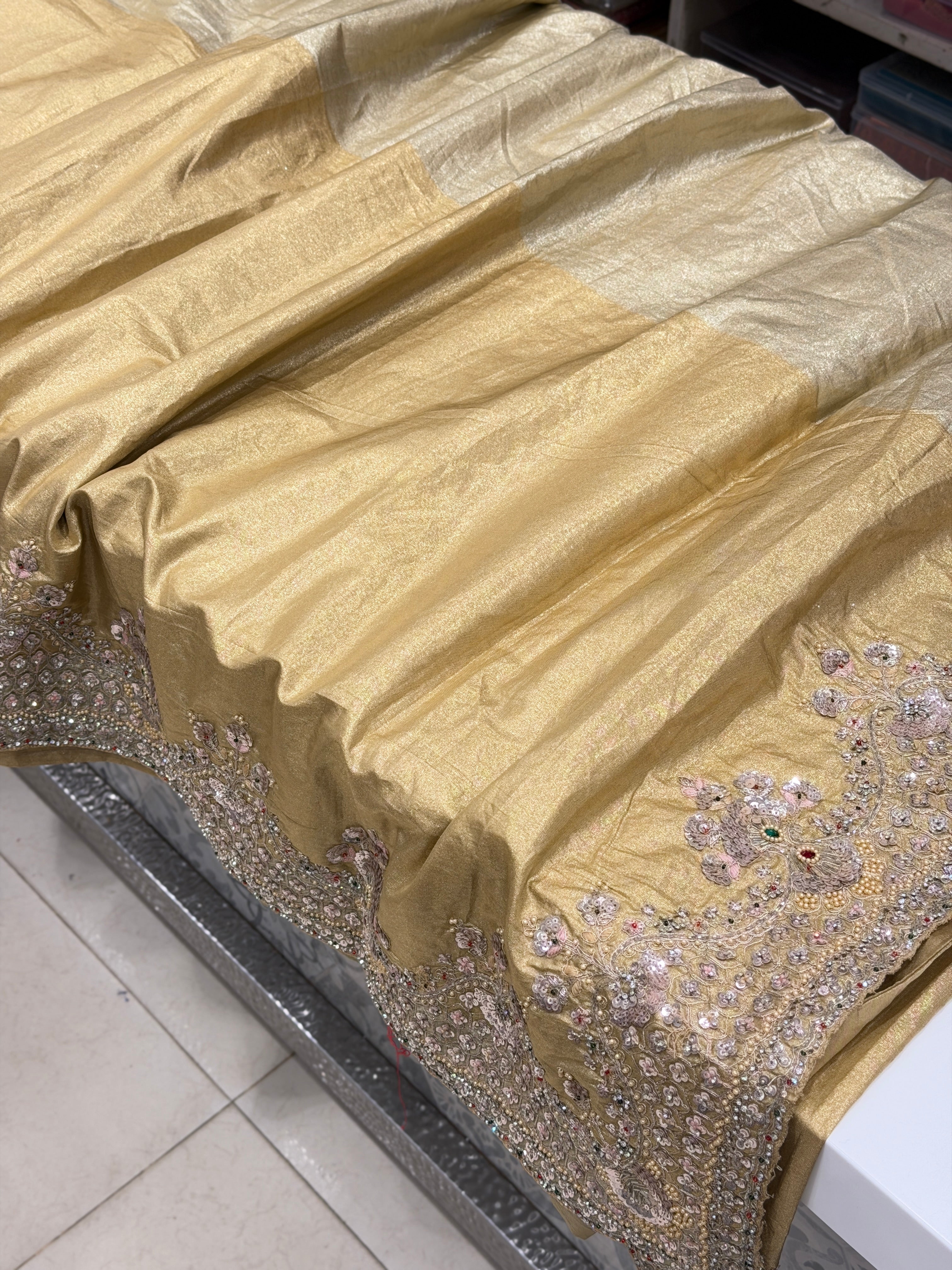 Golden Crushed Paper Tissue Silk Embroidery Saree