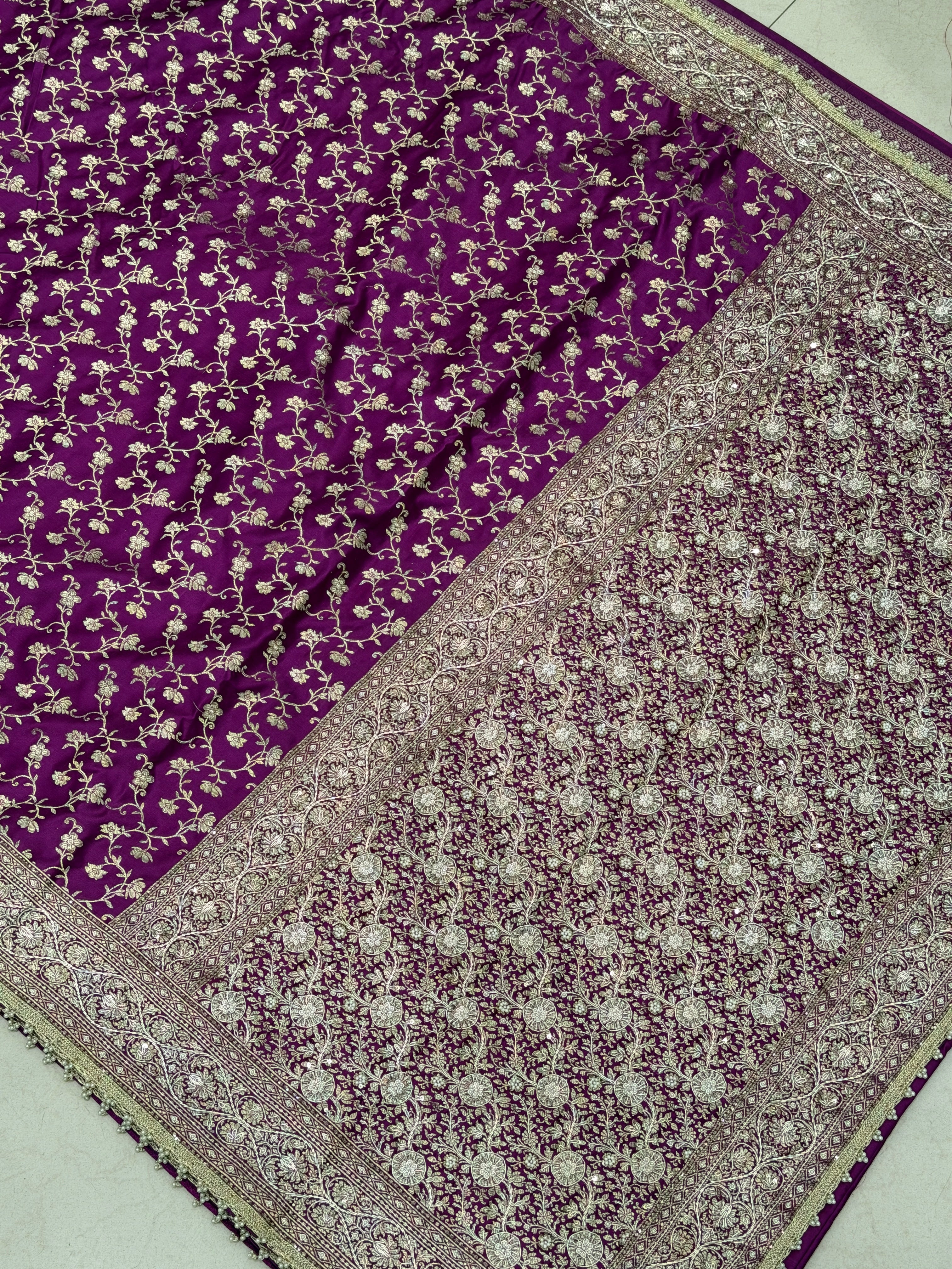Wine Banarasi Perwinkle Jaal Zardozi Hand Embroidery Saree