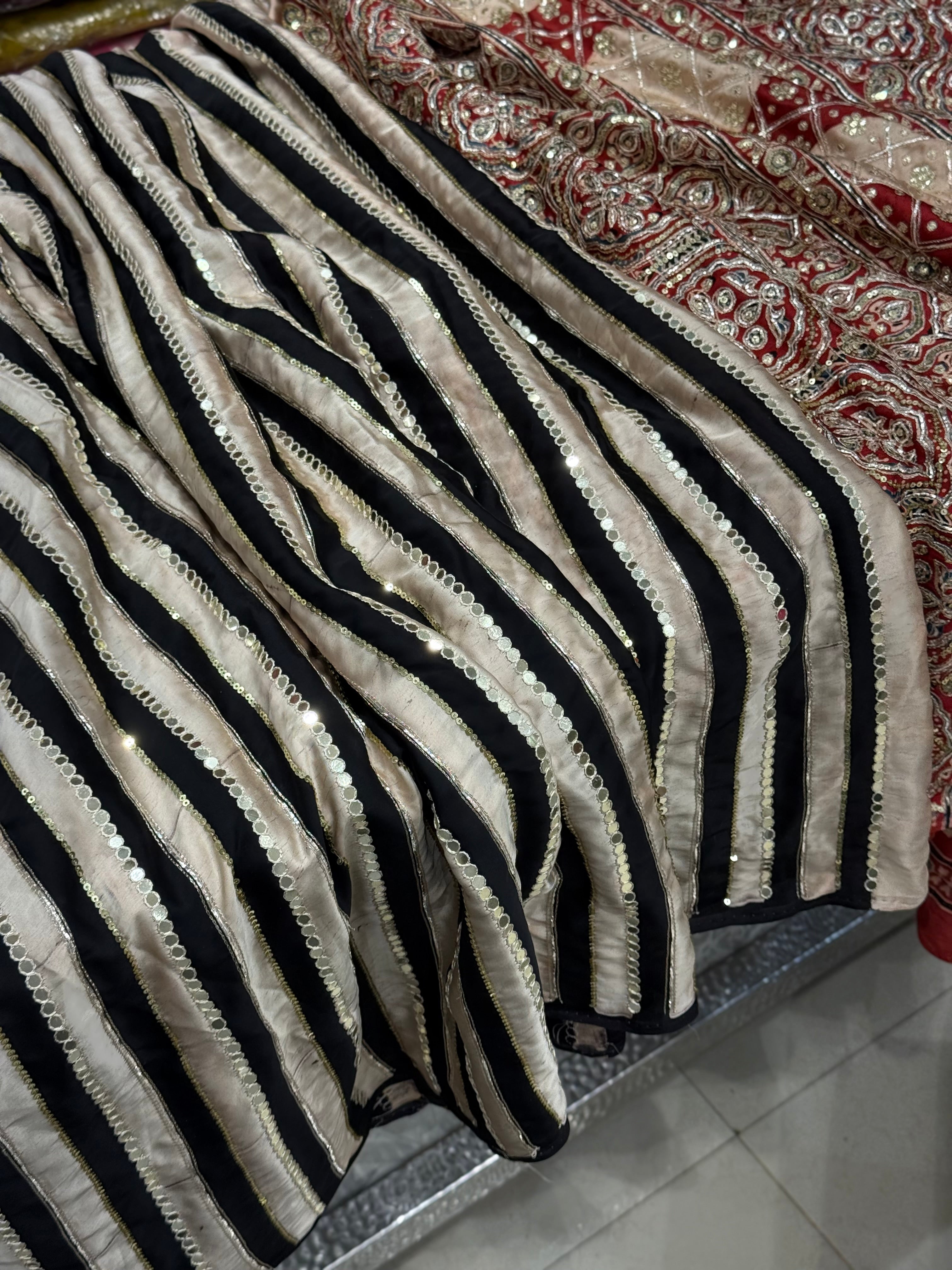 Black White Contemporary Mirror Ajrakh Hand Embroidery Saree