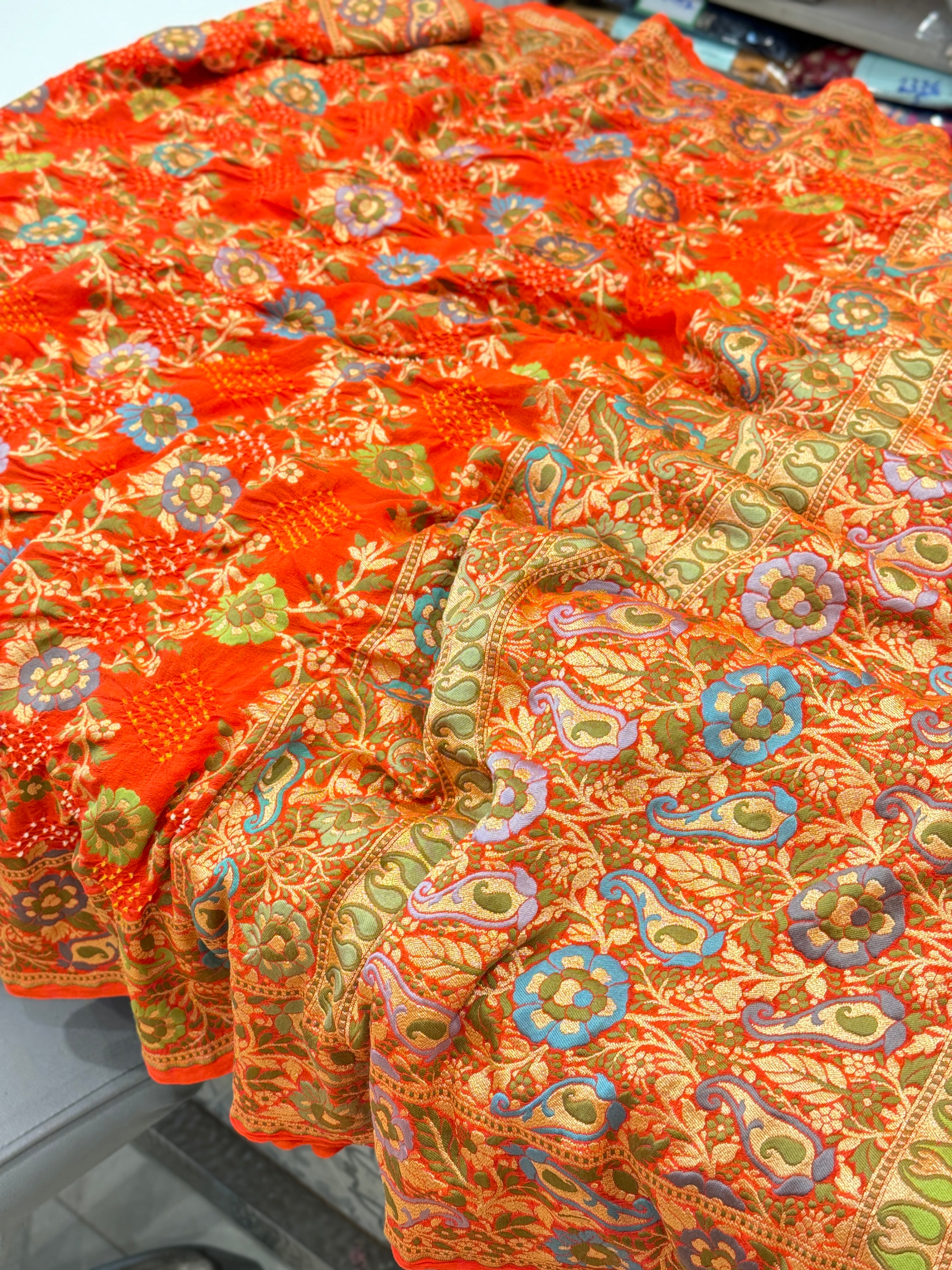 Orange Bandhej Meenakari Saree