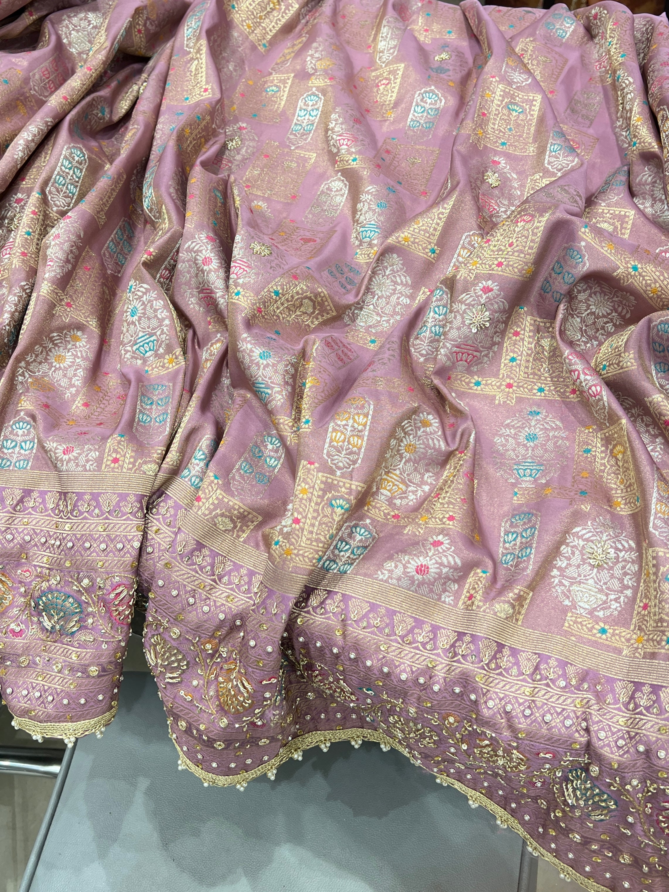 Lilac Tissue Banarasi Hand Embroidery Saree