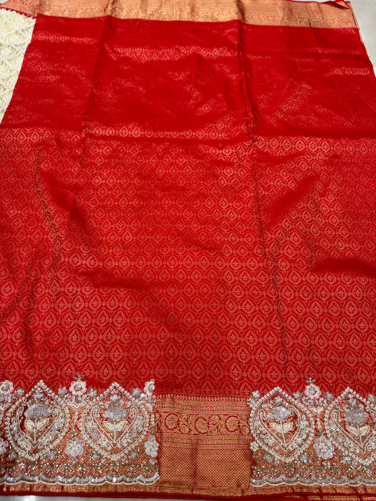White Red Pure Silk Kanjivaram Moti Zardosi Hand Embroidery Saree