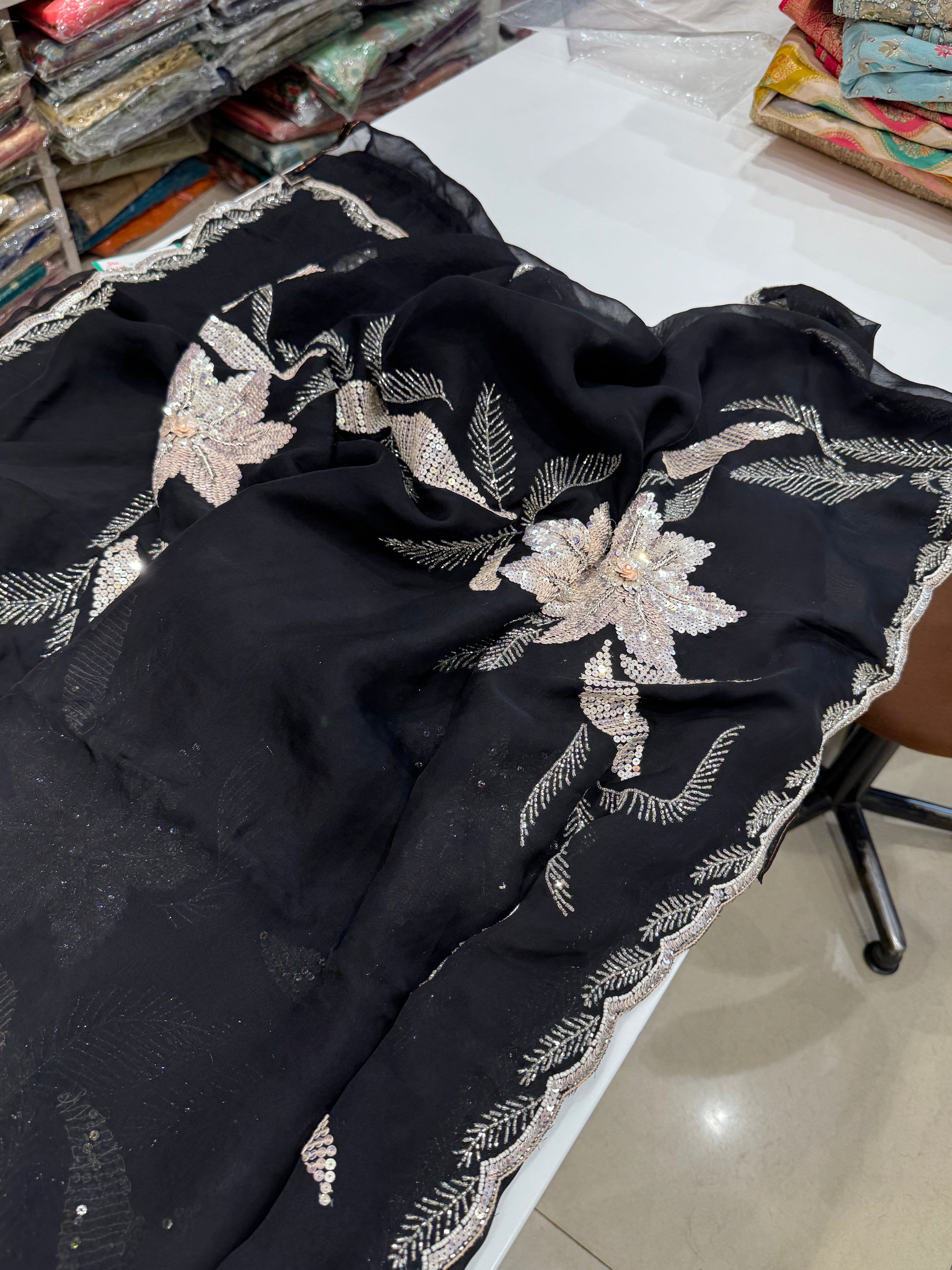 Black Satin Organza Embroidery Saree