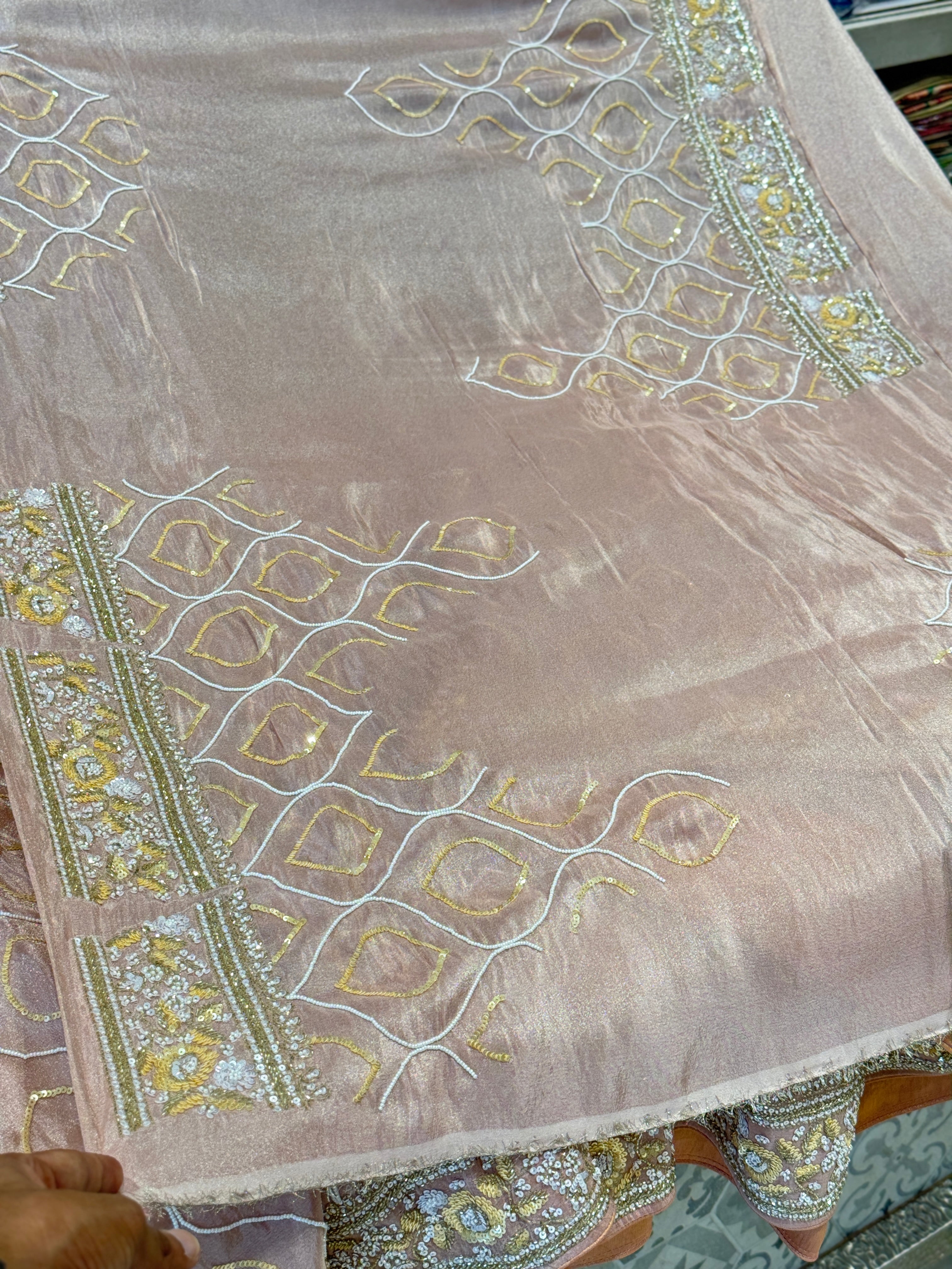 Nude Pink Crepe Tissue Embroidery Saree