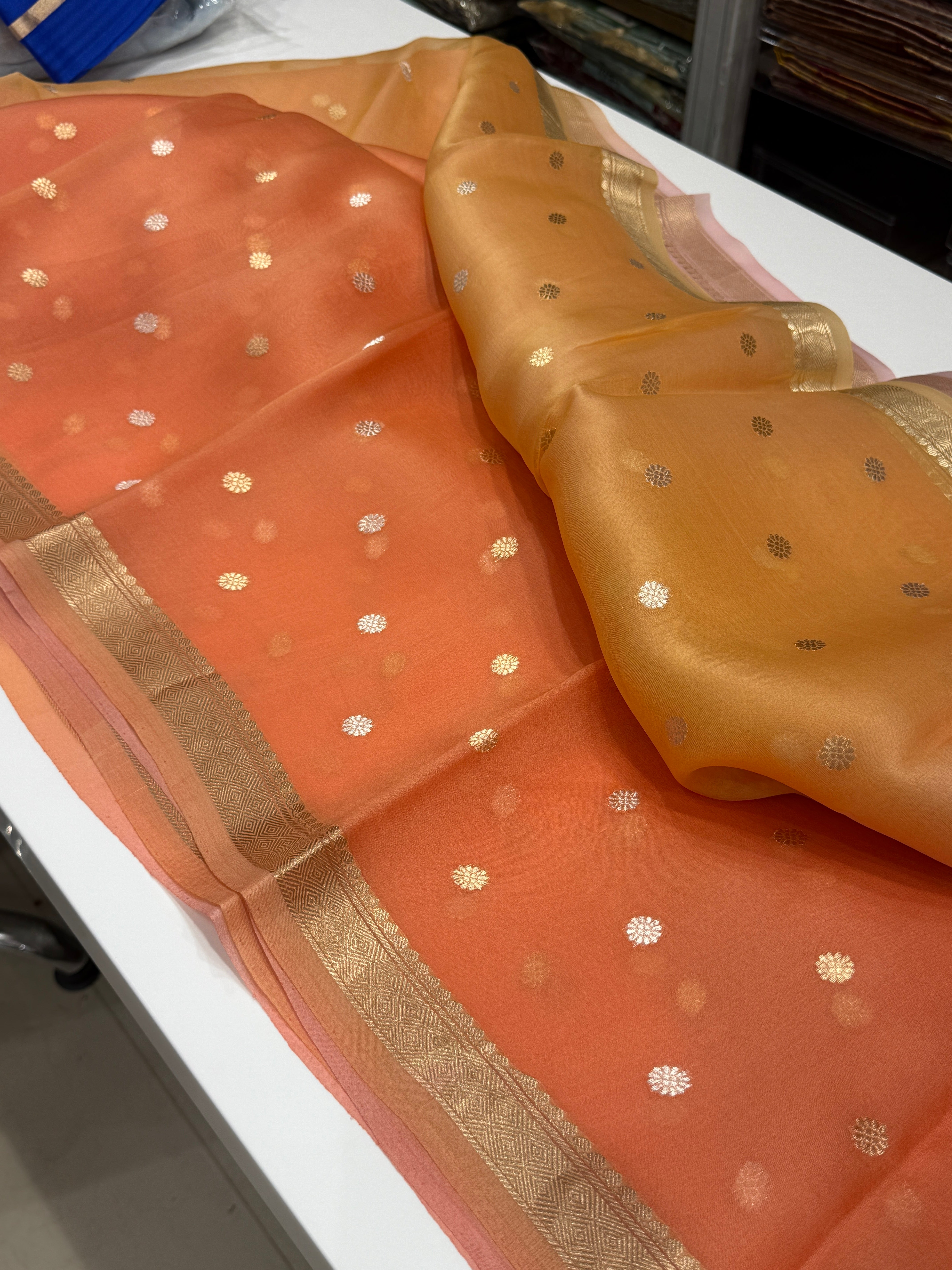 Orange Shaded Banarasi Handloom Kora Saree