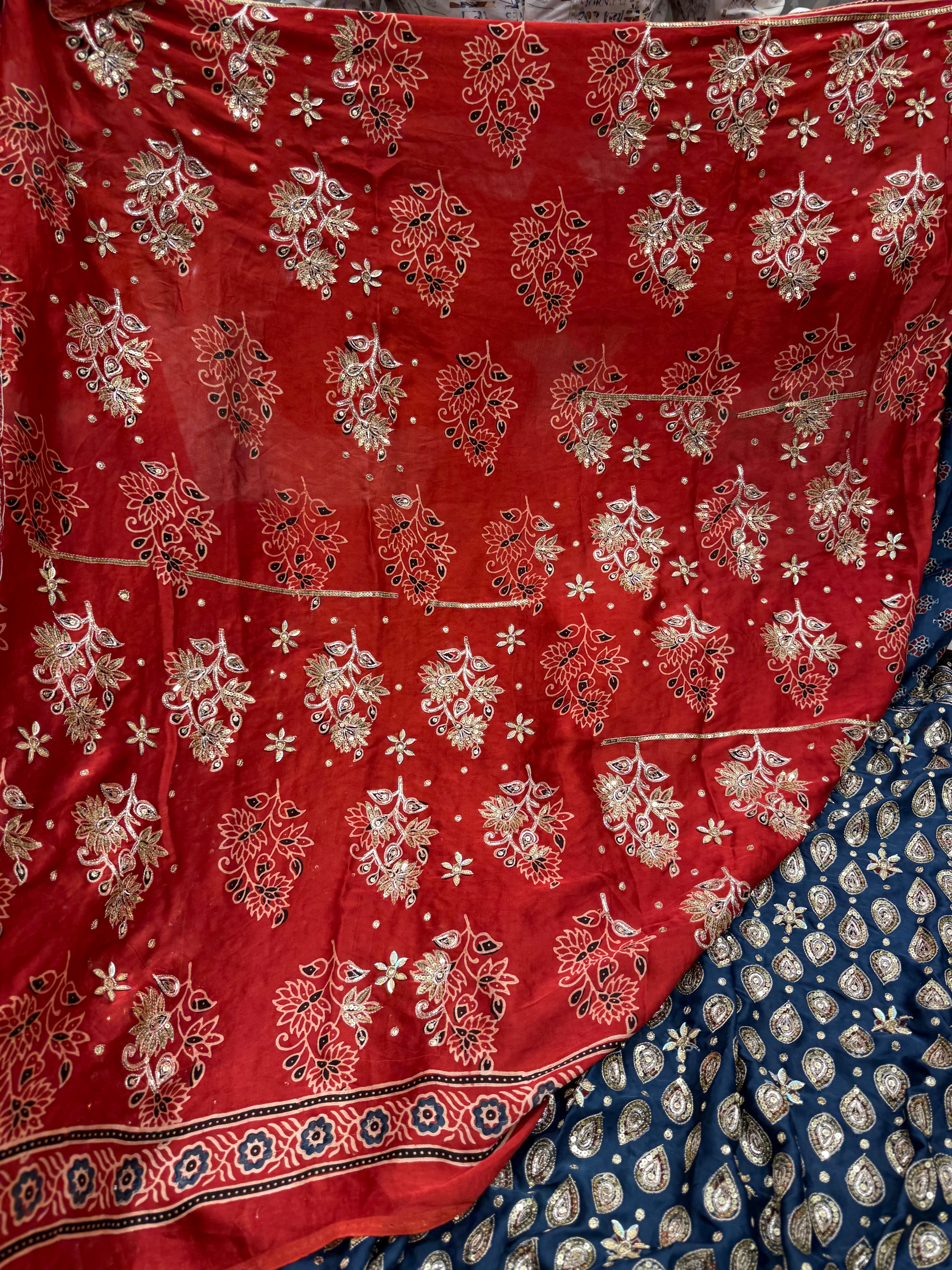 Blue Red Floral Buttis Ajrakh Hand Embroidery Saree