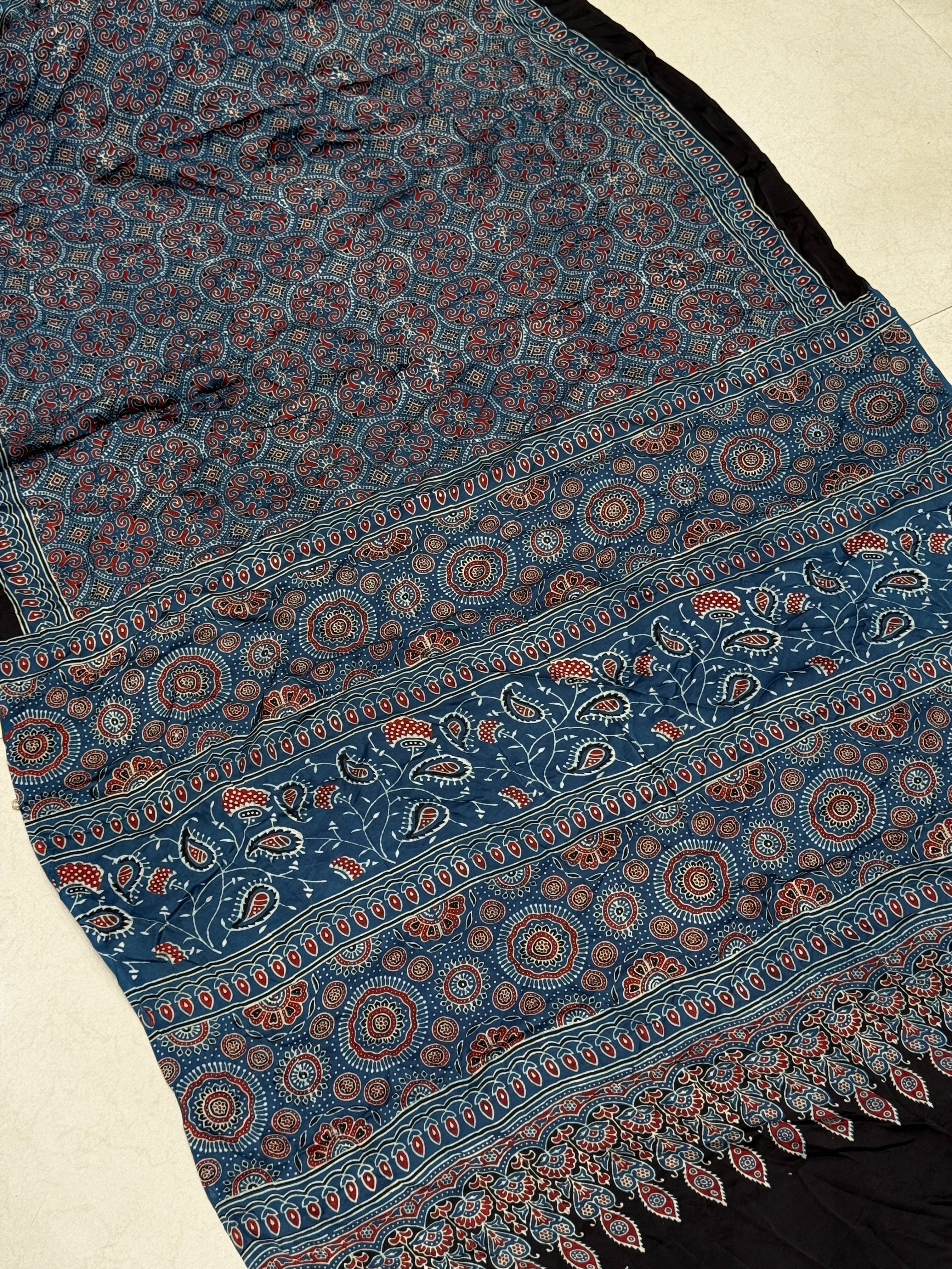 Blue Jewelled Jaal Ajrakh Modal Gajji Silk Saree