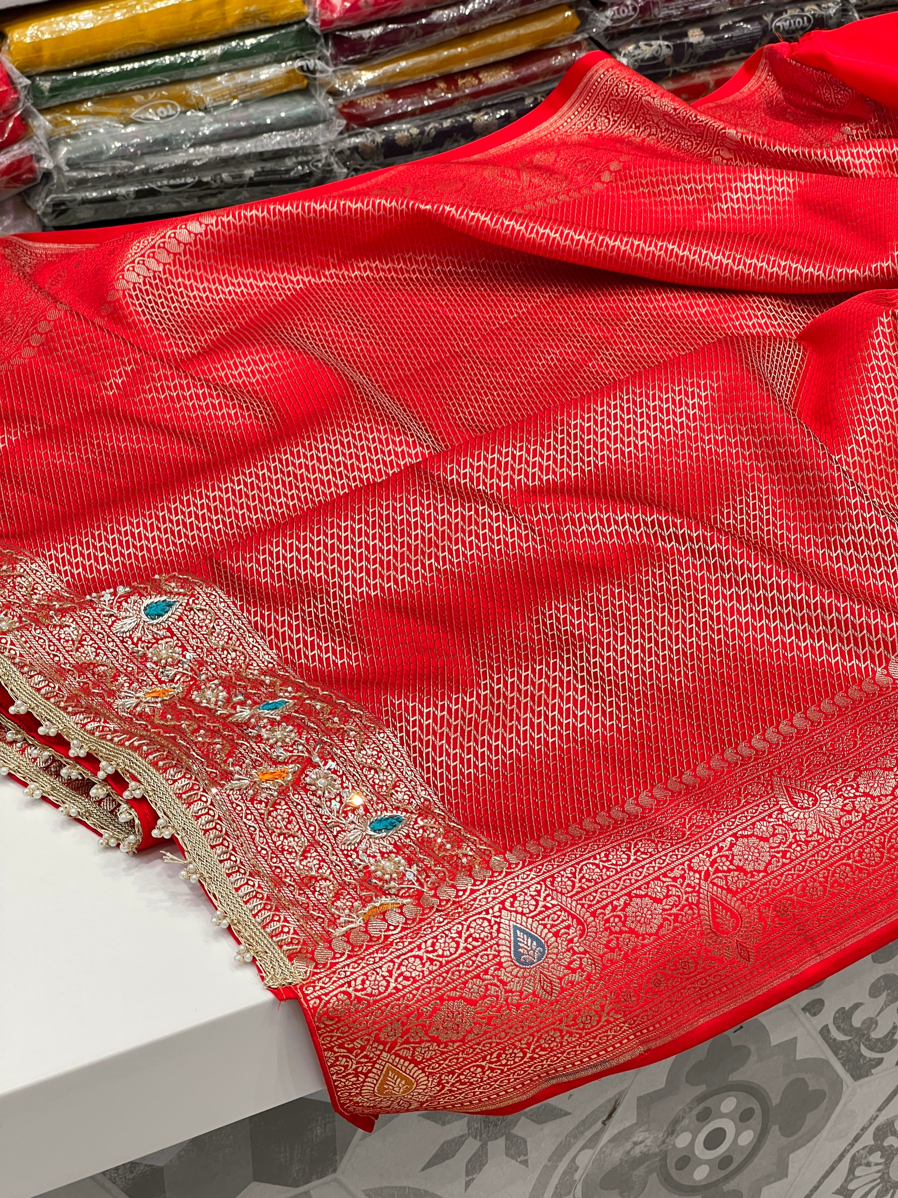 Red Banarasi Meena Resham Hand Embroidery Saree